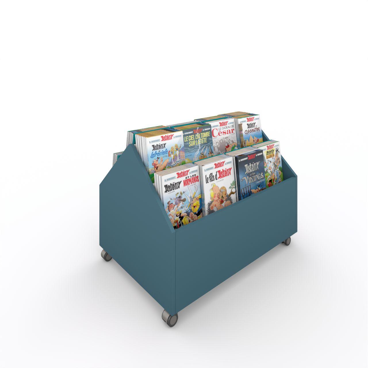 VILLAGE 1D L Trog, doppelseitig, fahrbar VILLAGE 1D L, doppelseitig, auf Rollen 4 Fächer, inkl. Antirutschmatte je Fach Breite: 995 mm Tiefe:670 mm Höhe: 710 mm Oberfächen: Korpus: Atlantikblau Trennschiede: Standardweiß Kapazität: 110-130 Comics oder Bilderbücher