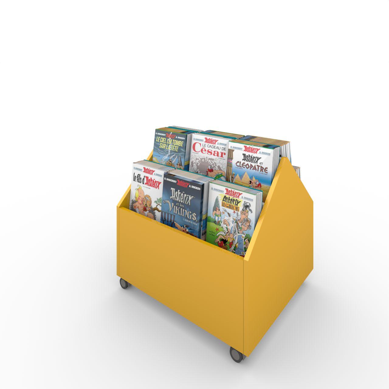 VILLAGE 1D Trog, doppelseitig, fahrbar VILLAGE 1D, doppelseitig, auf Rollen 4 Fächer, inkl. Antirutschmatte je Fach Breite: 750 mm Tiefe:670 mm Höhe: 710 mm Oberfäche: Korpus: Dottergelb Trennschiede: Standardweiß Kapazität: 80-100 Comics oder Bilderbücher