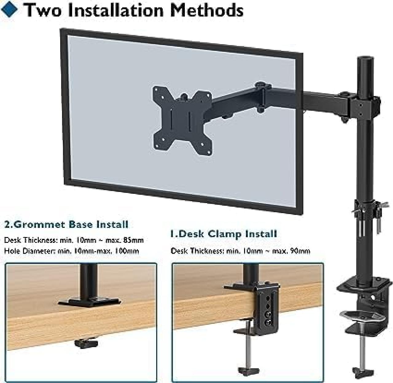 Monitorhalter, höhenverstellbar, neig- und schwenkbar, für Flachbildschirme von 13-32'', VESA 75/100, bis 8 kg Befestigung am Tisch mittels Tischhalterung oder durchgehender Schraube  Metall, mattschwarz lackiert