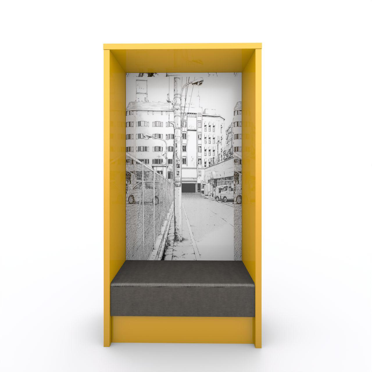 Sitzmodul SWEET 38 Sitzmodul SWEET 38, freistehend Sitztiefe: 400 mm Rückwand Grafik optional Achsmaß1000 mm Breite:1046 mm Tiefe:450 mm Höhe:2038 mm Oberflächen: Seiten: Dottergelb Abdeckplatte: Dottergelb Kanten: Dottergelb Rückwand: Standardweiß Sitzblende: Dottergelb