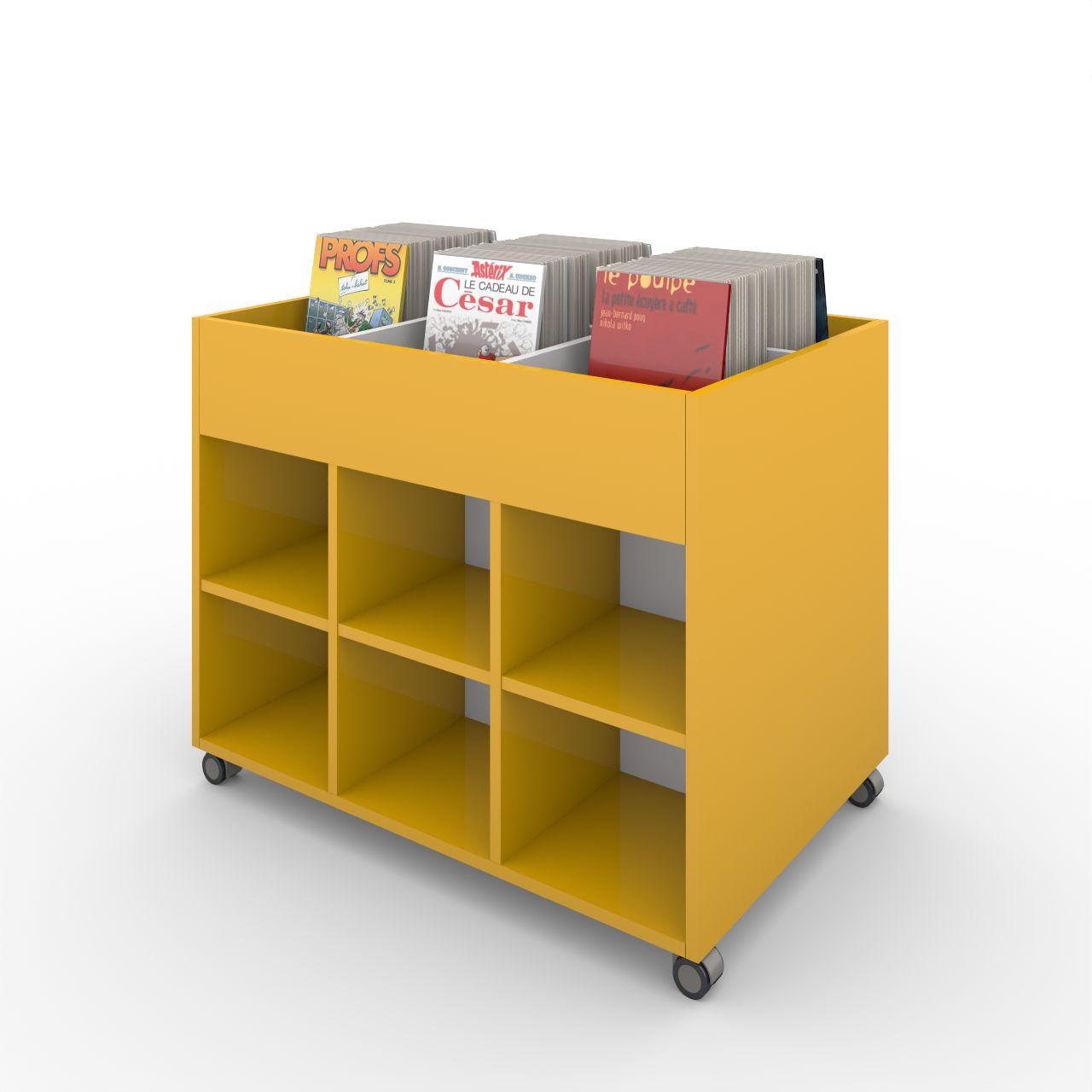 Büchertrog MARKET Rechteck, fahrbar, H 805 mm MARKET Rechteck 18 Fächern, auf Rollen seitlich 12 Fächern mit höhenverstellbaren Fachboden, oben 1 fester und 4 herausnehmbaren Fachteiler, inkl. Antirutschmatten Breite: 995 mm Tiefe:670 mm Höhe: 805 mm Oberfläche: Korpus: Dottergelb Trennschiede und