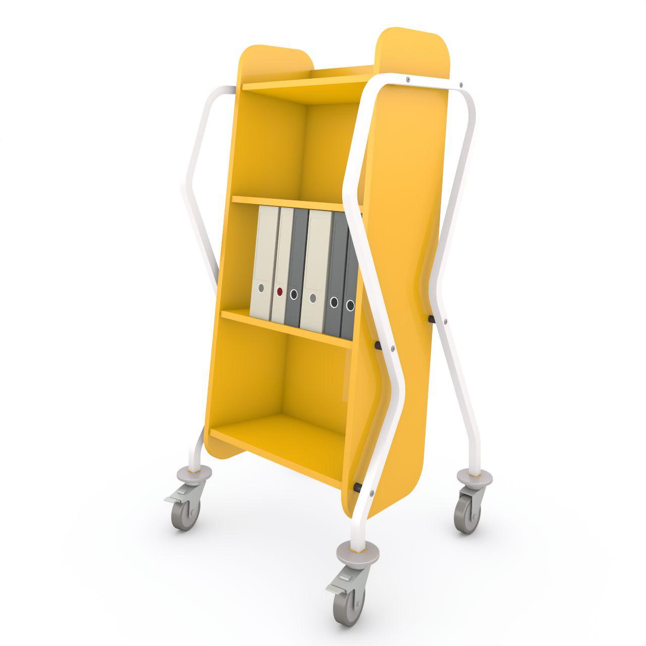 Bücherwagen TWISTER TWISTER Bücherwagen, mit Abweisgummiringen 4 Lenkrollen Ø100mm, 2 mit Feststeller TWISTER besteht aus 4 Festfachboden Fachbodenbreite:512 mm Fachbodentiefe: 295 mm Fachbodenabstand: 320 mm Breite: 728 mm Tiefe:640 mm Höhe:1425 mm Oberflächen: Gestell