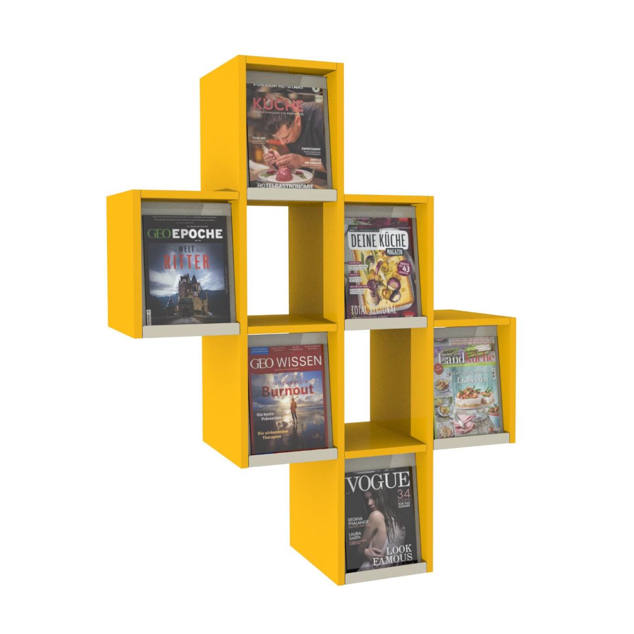MAG CUBE Zeitschriftenschrank wandhängend MAG CUBE Zeitschriftenschrank, wandhängend, Diagonal mit insgesamt 8 Fächer. - 6 Fächer mit Metallklappe - 2 offenen Fächer Breite:1059 mm Tiefe:430 mm Höhe:1306 mm Stapelhöhe: ca.235 mm Oberflächen Korpus: Dottergelb Klappe: Standardweiß matt Lieferu