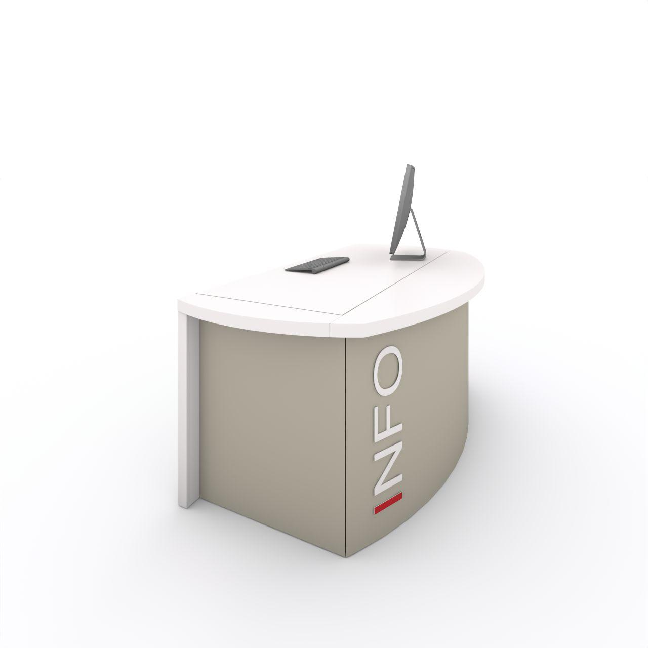 CHECK POINT Infostation, höhenverstellbar CHECK POINT Infostation, gerundete, höhenverstellbare Singletheke mit - integrierter Taschenablage T 280 mm - je ein Kabeldurchlass links und rechts - Technischen Front für das Kabelmanagement - 6 Fachsteckdose mit 5 m Zuleitung - Grafik OPTIONAL Brei