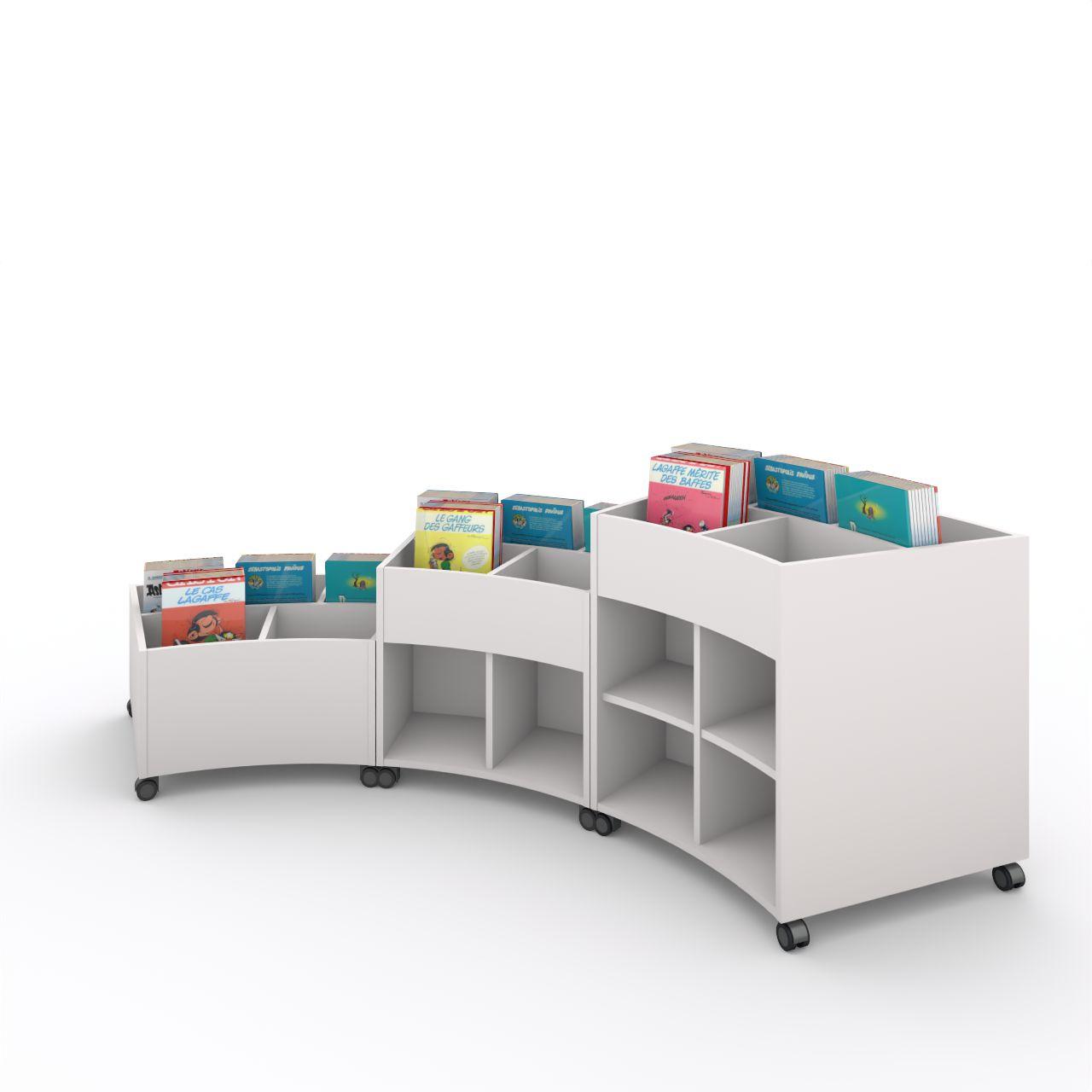 Büchertrog MARKET Radius H 405 mm, fahrbar MARKET Radius 5 Fächer, auf Rollen, 1 fester und 3 bewegliche Fachteiler für variable Facheinteilung, inkl. Antirutschmatten Breite: 965 mm Tiefe:670 mm Höhe: 405 mm Oberfäche: HPL / Melaminharz Korpus:Standardweiß Trennschiede:Standardweiß Kapazität