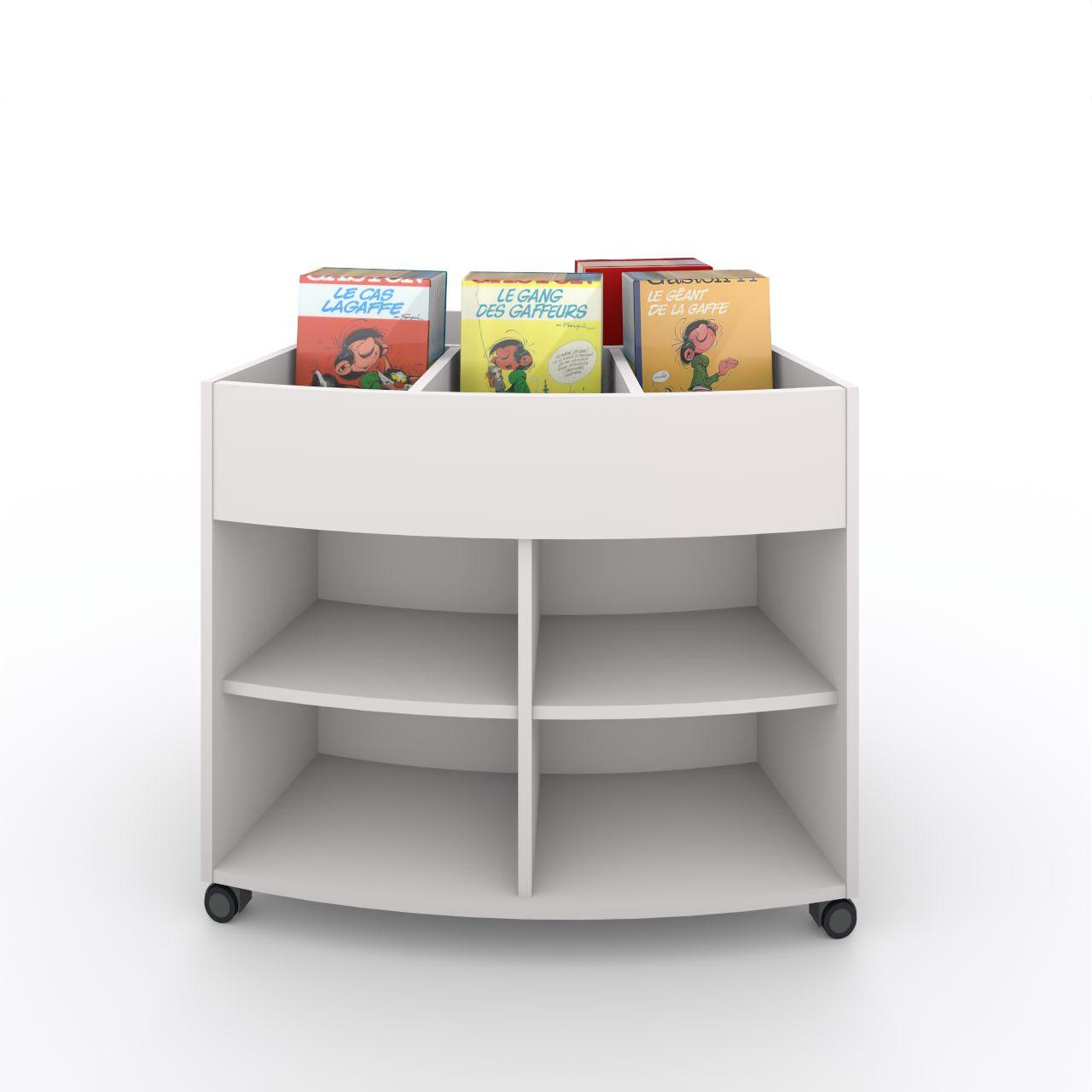 Büchertrog MARKET Radius, fahrbar, H 805 mm MARKET Radius 13 Fächer, auf Rollen seitlich 8 Fächern mit höhenverstellbaren Fachboden, oben 1 fester und 3 bewegliche Fachteiler für bis zu 5 Fächer, inkl. Antirutschmatten Breite: 965 mm Tiefe:670 mm Höhe: 805 mm Oberfäche: HPL / Melaminharz Korpus