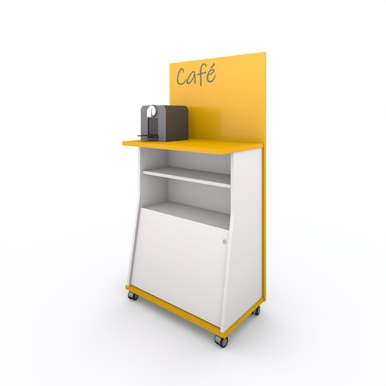 Café-MAX, mobile Station mit abschließbarem Fach Tischplatte H 1050 mm Breite: 774 mm Tiefe:475 mm Höhe:1550 mm Oberflächen: Bodenplatte: Dottergelb Rückwand:Dottergelb Tischplatte: Dottergelb Seiten:Standardweiß Tür: Standardweiß Fachböden: Standardwe