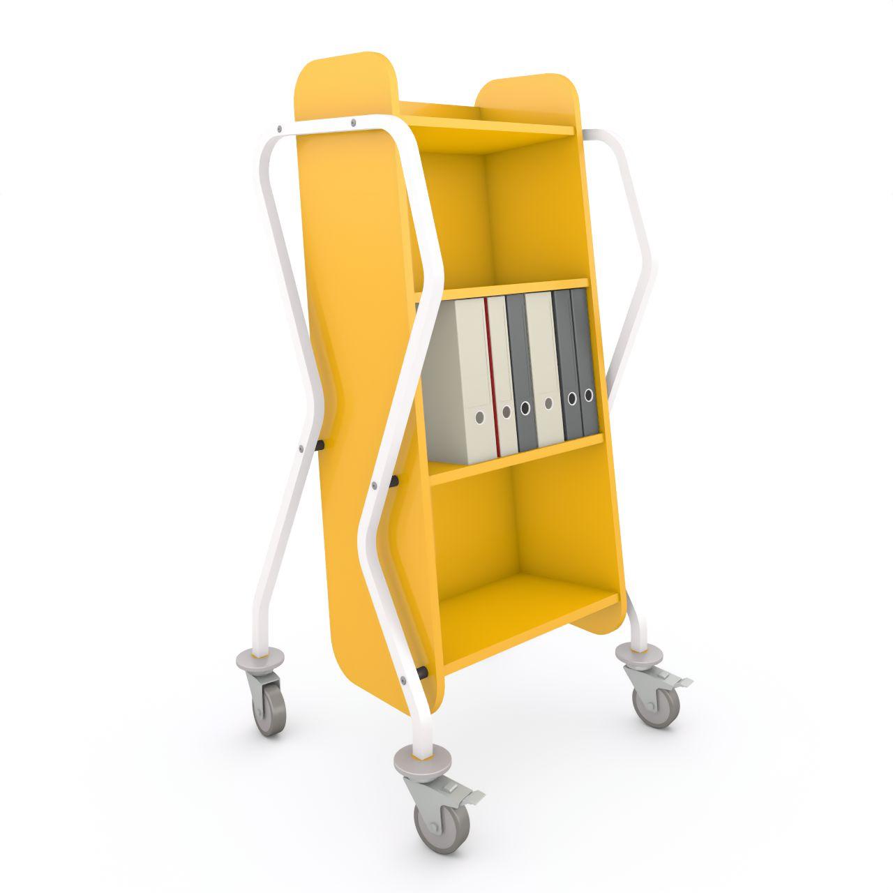 TWISTER Bücherwagen, mit Abweisgummiringen 4 Lenkrollen Ø100mm, 2 mit Feststeller  TWISTER besteht aus 4 Festfachboden  Fachbodenbreite:512 mm Fachbodentiefe: 295 mm Fachbodenabstand: 320 mm  Breite: 728 mm Tiefe:640 mm Höhe:1425 mm  Oberflächen: Gestell