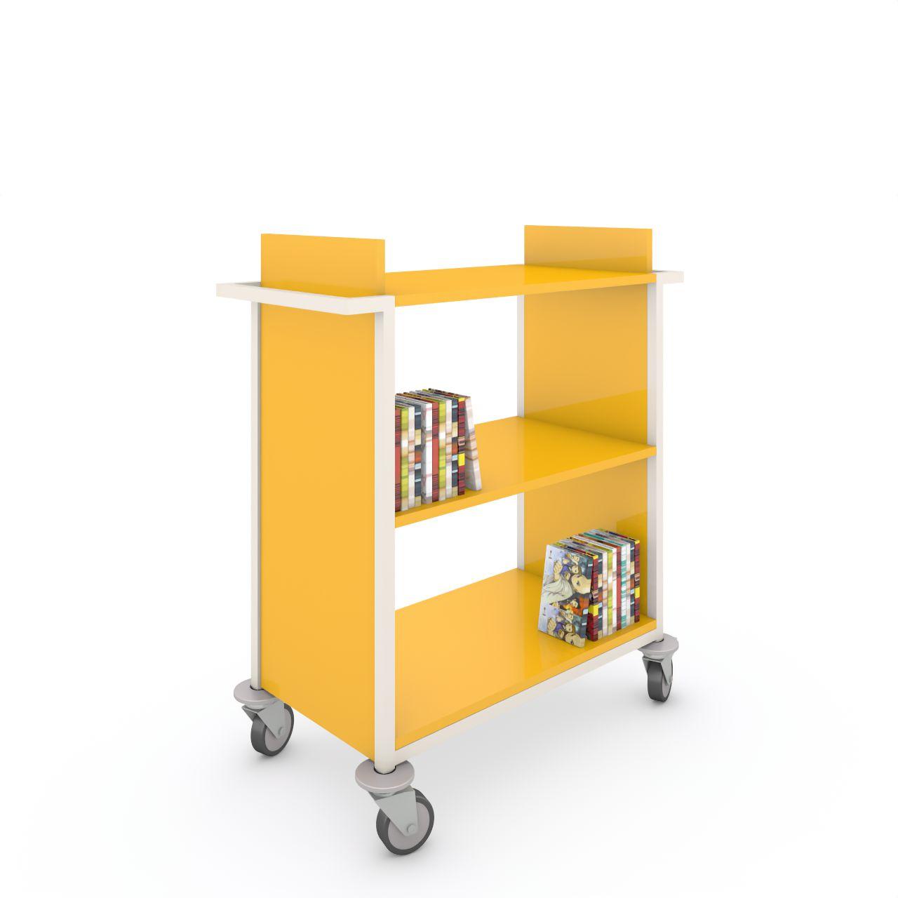 Bücherwagen ONE Bücherwagen ONE mit Abweisgummiringen mit 4 Lenkrollen Ø100 mm, 2 mit Feststeller ONE besteht aus 3 Festfachboden Fachbodenbreite:750 mm Fachbodentiefe: 430 mm Fachbodenabstand: 365 mm Aussenmaße: L 970 x T 508 x H 1075 mm Griffhöhe: 975mm Abweichgum