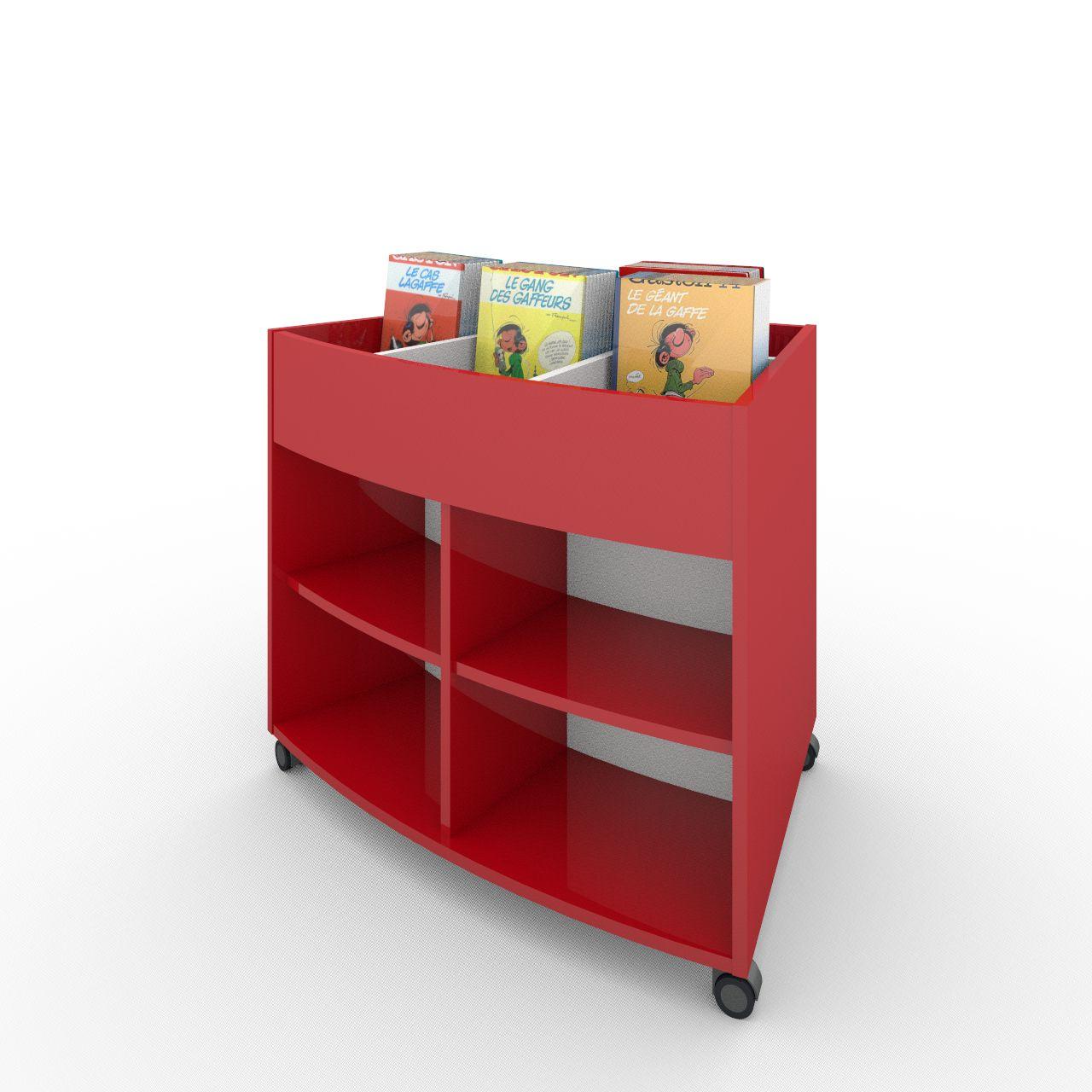 Büchertrog MARKET Radius, fahrbar, H 805 mm MARKET Radius 13 Fächer, auf Rollen seitlich 8 Fächern mit höhenverstellbaren Fachboden, oben 1 fester und 3 bewegliche Fachteiler für bis zu 5 Fächer, inkl. Antirutschmatten Breite: 965 mm Tiefe:670 mm Höhe: 805 mm Oberfäche: HPL / Melaminharz Korpus