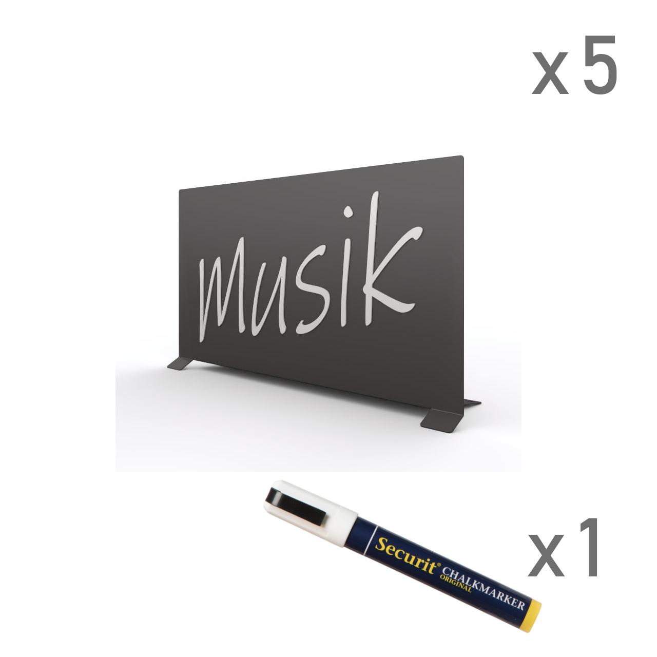 Beschriftungsaufsteller H200 mm, 5 Stk. Beschriftungsaufsteller aus Metall, lackiert zum Beschriften mit: - Kreidestiften - Klebebuchstaben Verpackungseinheit: 5 Stück incl. 1 Kreidestift in weiß Breite: 400 mm Tiefe: 96 mm Höhe: 211 mm Oberfläche:Anthrazitgrau (ähnl. RAL 7016) matt