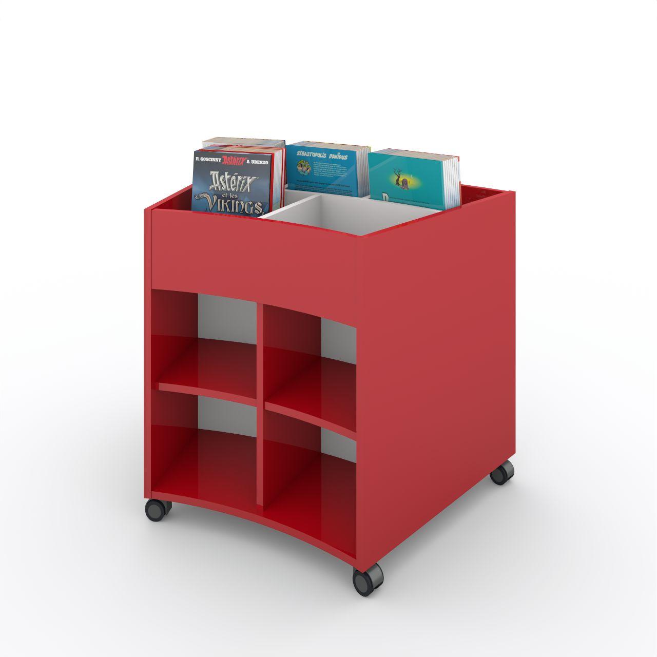 Büchertrog MARKET Radius, fahrbar, H 805 mm MARKET Radius 13 Fächer, auf Rollen seitlich 8 Fächern mit höhenverstellbaren Fachboden, oben 1 fester und 3 bewegliche Fachteiler für bis zu 5 Fächer, inkl. Antirutschmatten Breite: 965 mm Tiefe:670 mm Höhe: 805 mm Oberfäche: HPL / Melaminharz Korpus