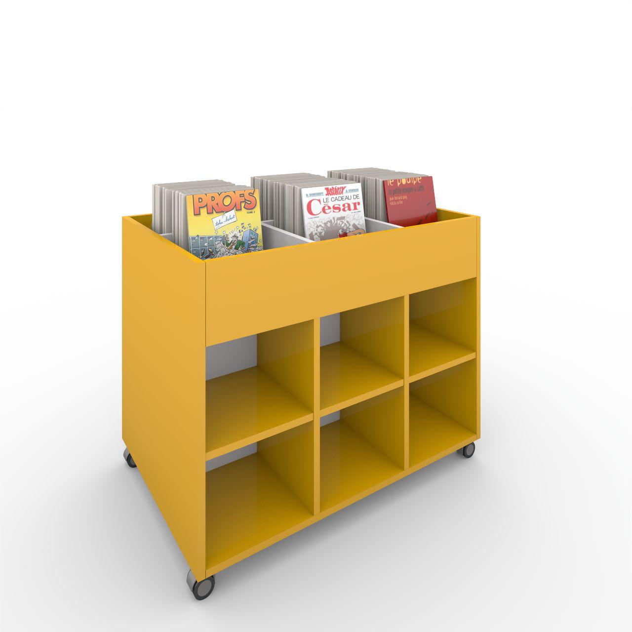 Büchertrog MARKET Rechteck, fahrbar, H 805 mm MARKET Rechteck 18 Fächern, auf Rollen seitlich 12 Fächern mit höhenverstellbaren Fachboden, oben 1 fester und 4 herausnehmbaren Fachteiler, inkl. Antirutschmatten Breite: 995 mm Tiefe:670 mm Höhe: 805 mm Oberfläche: Korpus: Dottergelb Trennschiede und