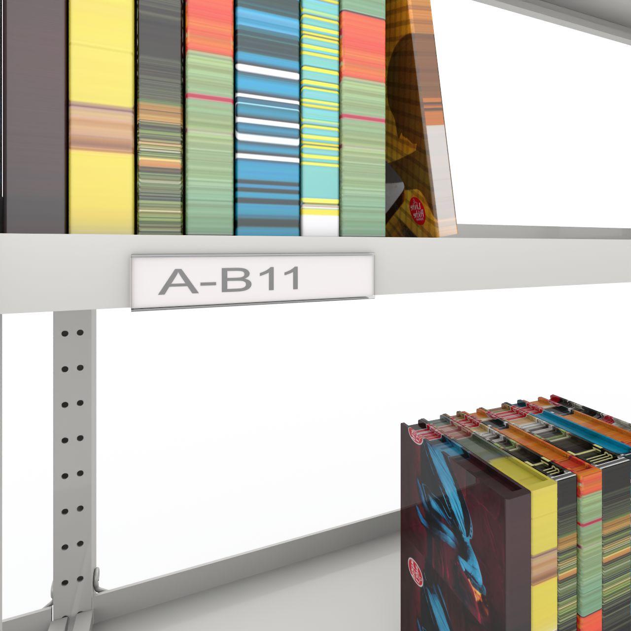 Aufklemmschild Fachbodenbeschriftung Aufklemmschild für Holz- und Metallfachböden mit Einschub für Beschriftungskarton Länge:105 mm Material: PMMA schlagzäh Farbe:farblos