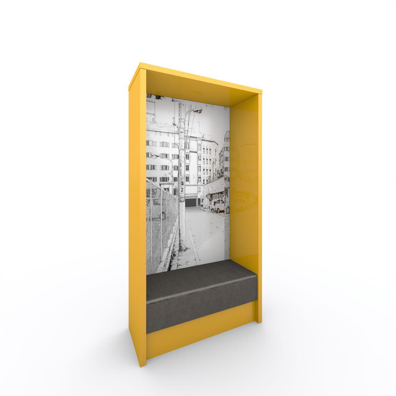 Sitzmodul SWEET 38 Sitzmodul SWEET 38, freistehend Sitztiefe: 400 mm Rückwand Grafik optional Achsmaß1000 mm Breite:1046 mm Tiefe:450 mm Höhe:2038 mm Oberflächen: Seiten: Dottergelb Abdeckplatte: Dottergelb Kanten: Dottergelb Rückwand: Standardweiß Sitzblende: Dottergelb