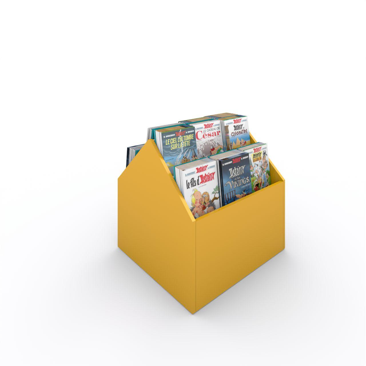 VILLAGE 1D Trog, doppelseitig, fest VILLAGE 1D, doppelseitig, auf Sockel, Freistehend 4 Fächer, mit Sockelgleiter, inkl. Antirutschmatte je Fach Breite: 750 mm Tiefe:670 mm Höhe: 710 mm Oberfäche: Korpus: Dottergelb Trennschiede: Standardweiß Kapazität: 80-100 Comics oder Bilderbücher