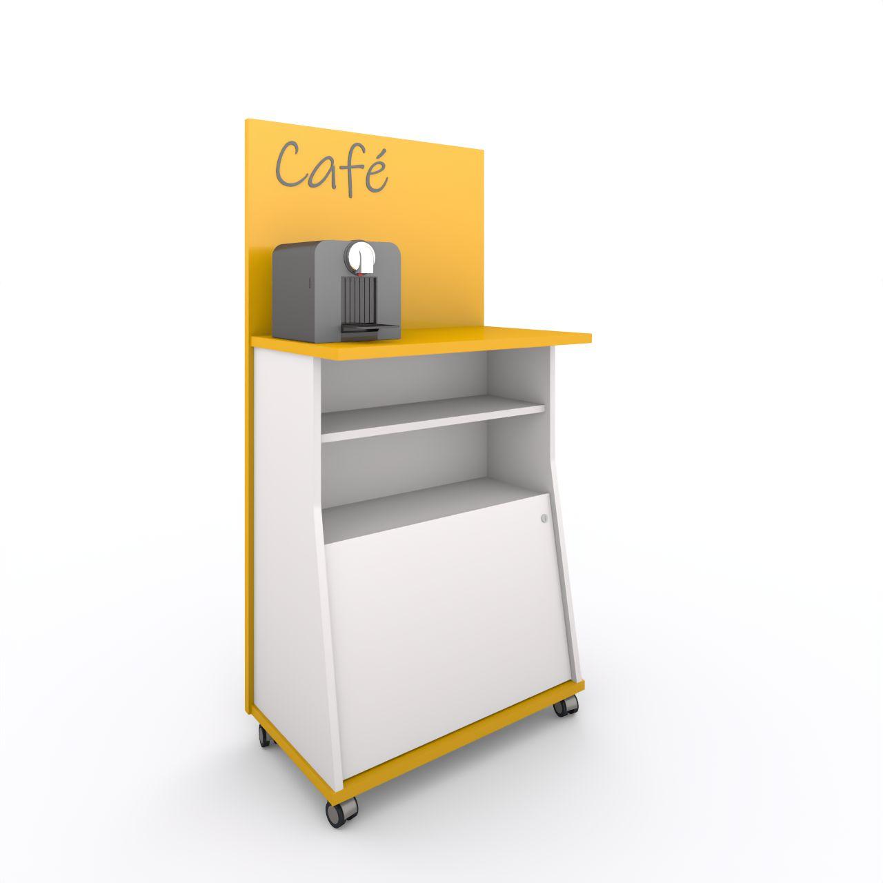 Café-MAX, mobile Station mit abschließbarem Fach Tischplatte H 1050 mm Breite: 774 mm Tiefe:475 mm Höhe:1550 mm Oberflächen: Bodenplatte: Dottergelb Rückwand:Dottergelb Tischplatte: Dottergelb Seiten:Standardweiß Tür: Standardweiß Fachböden: Standardwe