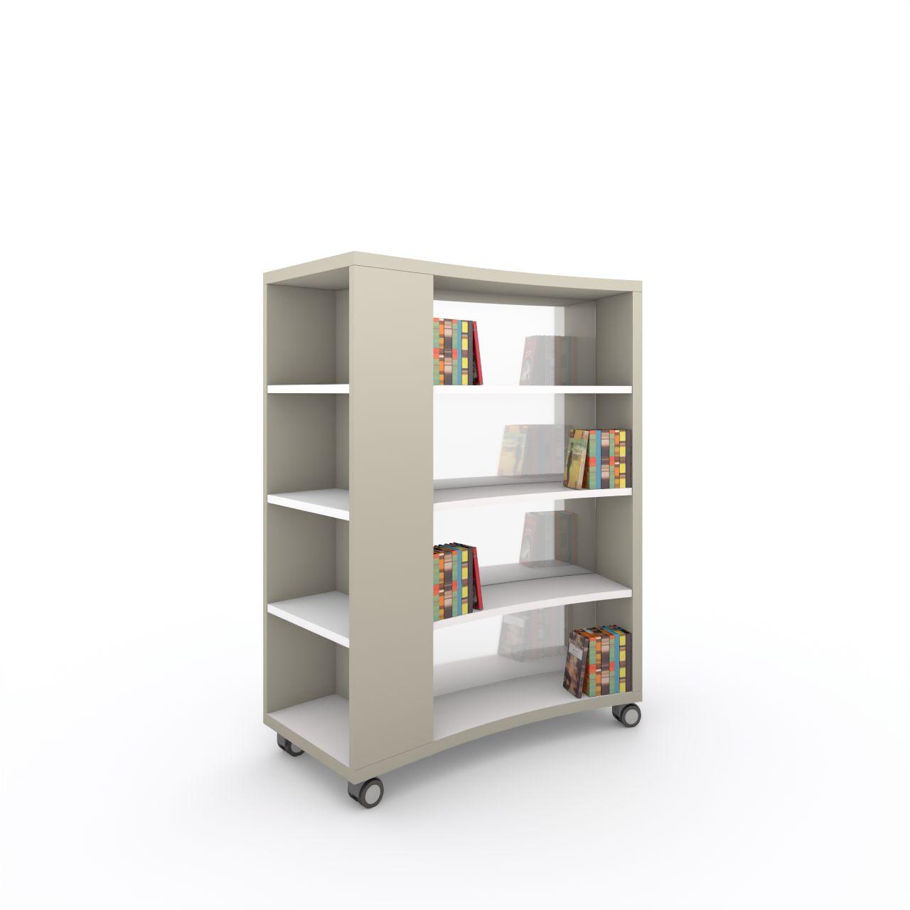 Nova RUND mobile, 1 Sektion+Stirnseitenregal Nova RUND mobile, 1 Sektion + Stirnseitenregal links, incl. 3 Fachböden je Seite (ohne Fachböden für Stirnseitenregal) Breite:1300 mm Tiefe:530 mm Höhe:1553 mm Oberflächen: Außenseite: Kaschmirgrau Stirnseitenregal: Kaschmirgrau Fachböden:Standardweiß