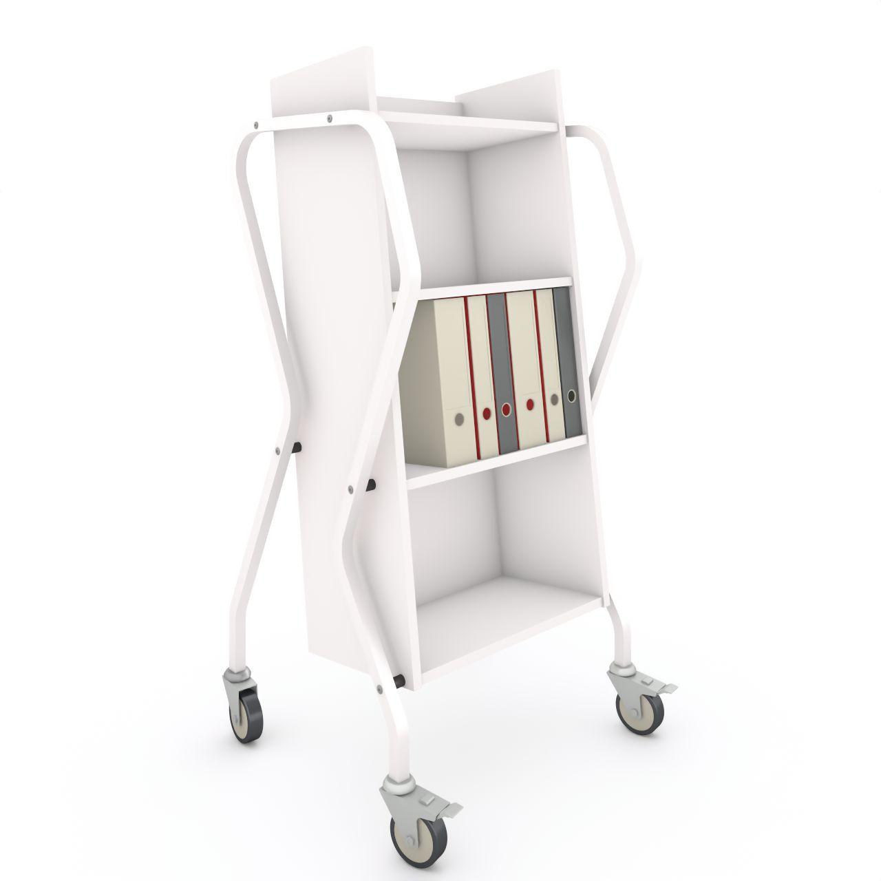 TWISTER light, Bücherwagen, mit Abweisgummiringe 4 Lenkrollen Ø100mm, 2 mit Feststeller  TWISTER light besteht aus 4 Festfachboden  Fachbodenbreite:512 mm Fachbodentiefe: 295 mm Fachbodenabstand: 320 mm  Breite: 728 mm Tiefe:640 mm Höhe:1420 mm  Oberfläc