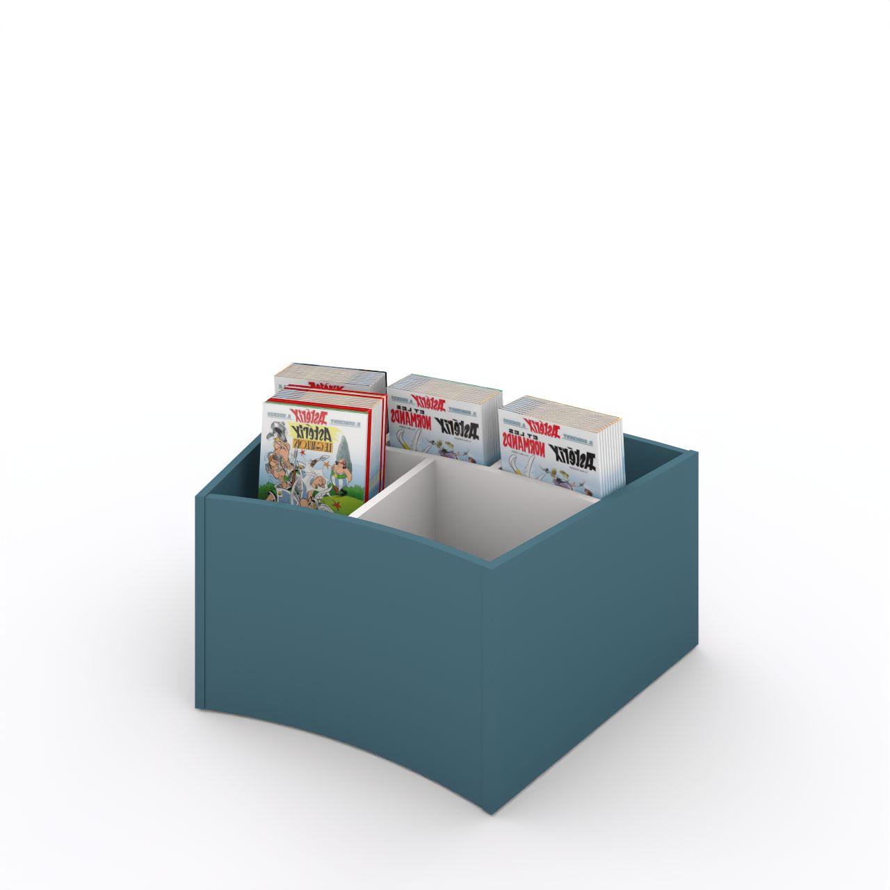 Büchertrog MARKET Radius, fest, H 405 mm Market Radius 5 Fächer mit Sockel oben 1 fester und 3 bewegliche Fachteiler für variable Facheinteilung inkl. Antirutschmatten Breite: 965 mm Tiefe:670 mm Höhe: 405 mm Oberfäche: HPL / Melaminharz Korpus: Atlantikblau Trennschiede: Standardweiß Kapaz