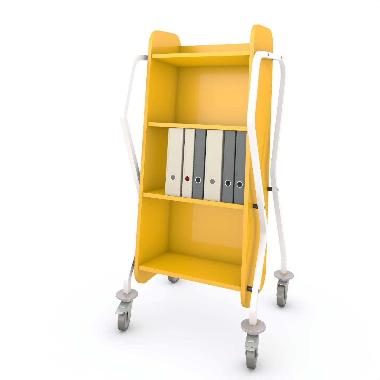 Bücherwagen TWISTER TWISTER Bücherwagen, mit Abweisgummiringen 4 Lenkrollen Ø100mm, 2 mit Feststeller TWISTER besteht aus 4 Festfachboden Fachbodenbreite:512 mm Fachbodentiefe: 295 mm Fachbodenabstand: 320 mm Breite: 728 mm Tiefe:640 mm Höhe:1425 mm Oberflächen: Gestell