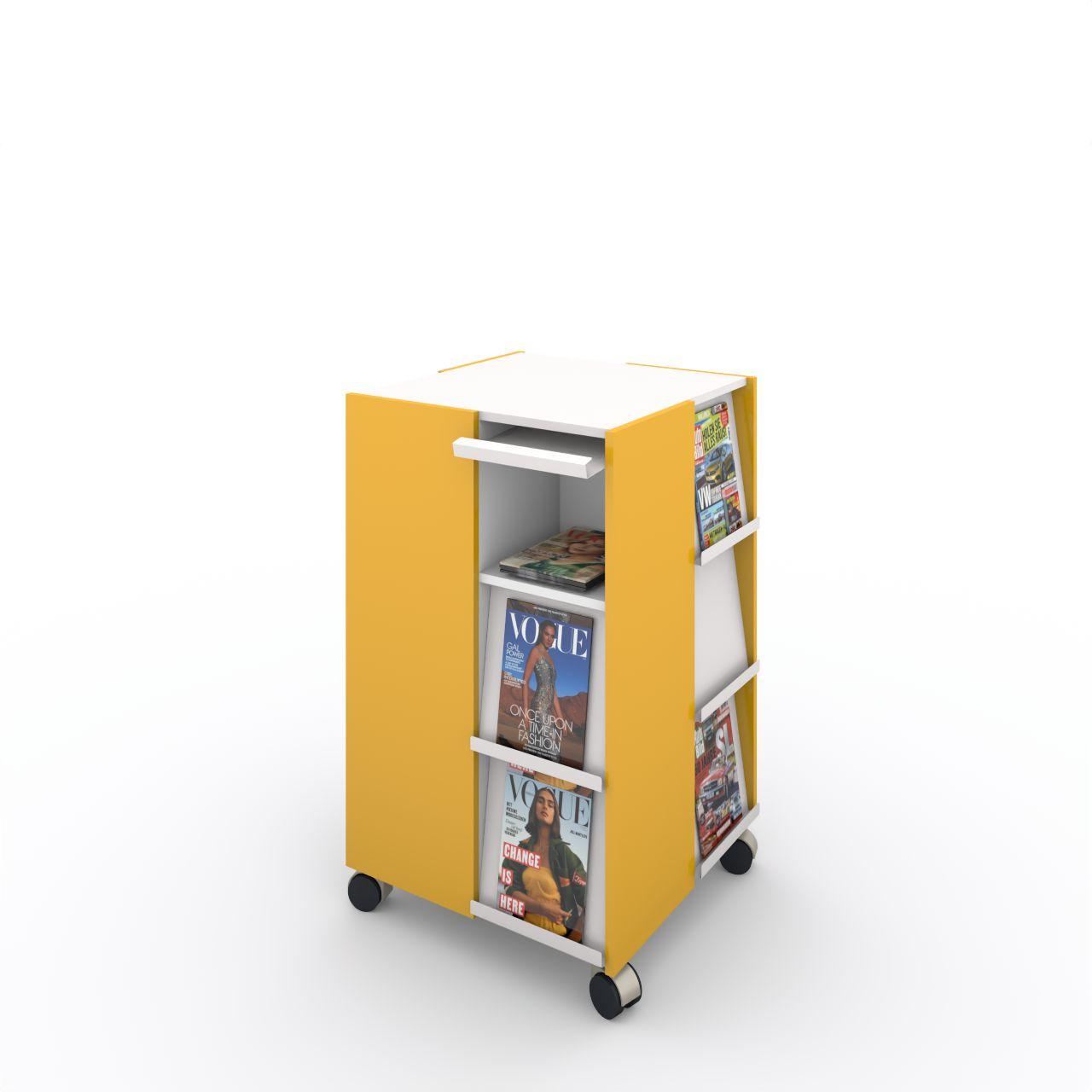 MAG-Tower Zeitschriftenturm mit Klappen MAG-Tower Zeitschriftenturm, fahrbar mit 12 Zeitschriftenklappen aus Metall, 3 Fächer übereinander Breite: 699 mm Tiefe:699 mm Höhe:1165 mm Stapelhöhe: ca.235 mm Oberflächen: Blenden: Dottergelb Korpus:Standardweiß Klappen: Standardweiß matt Lieferung