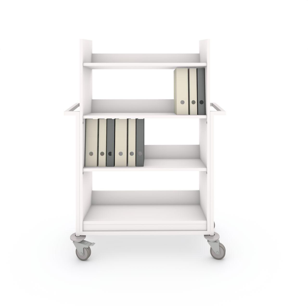 Bücherwagen TWO XL Bücherwagen TWO XL mit Abweisgummiringen mit 4 Lenkrollen Ø100 mm, 2 mit Feststeller TWO besteht aus 4 Festschrägfachboden Fachbodenbreite: 822 mm Fachbodentiefe:344 mm Anschlaghöhe:100 mm Fachbodenabstand:326 mm Aussenmaße: L 1081 x T 470 x H 1455 mm