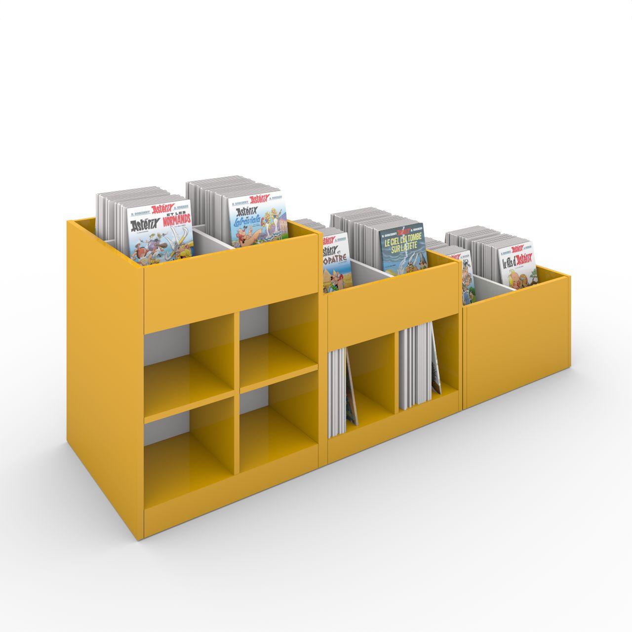 MARKET Quadrat, 4 Fächer, auf Sockel, 1 fester und 2 herausnehmbaren Fachteiler inkl. Antirutschmatten  Länge: 670 mm Tiefe: 670 mm Höhe:405 mm  Oberfläche: Korpus: Dottergelb Trennschiede: Standardweiß  Kapazität: 80 - 100 Comics oder Bilderbücher