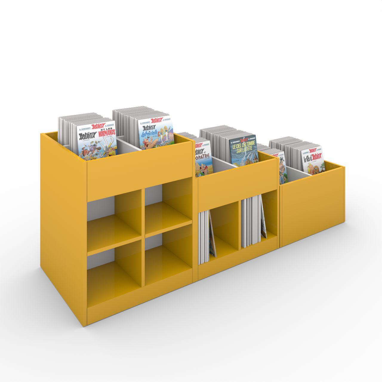 Büchertrog MARKET Quadrat, fest, H 405 mm MARKET Quadrat, 4 Fächer, auf Sockel, 1 fester und 2 herausnehmbaren Fachteiler inkl. Antirutschmatten Länge: 670 mm Tiefe: 670 mm Höhe:405 mm Oberfläche: Korpus: Dottergelb Trennschiede: Standardweiß Kapazität: 80 - 100 Comics oder Bilderbücher