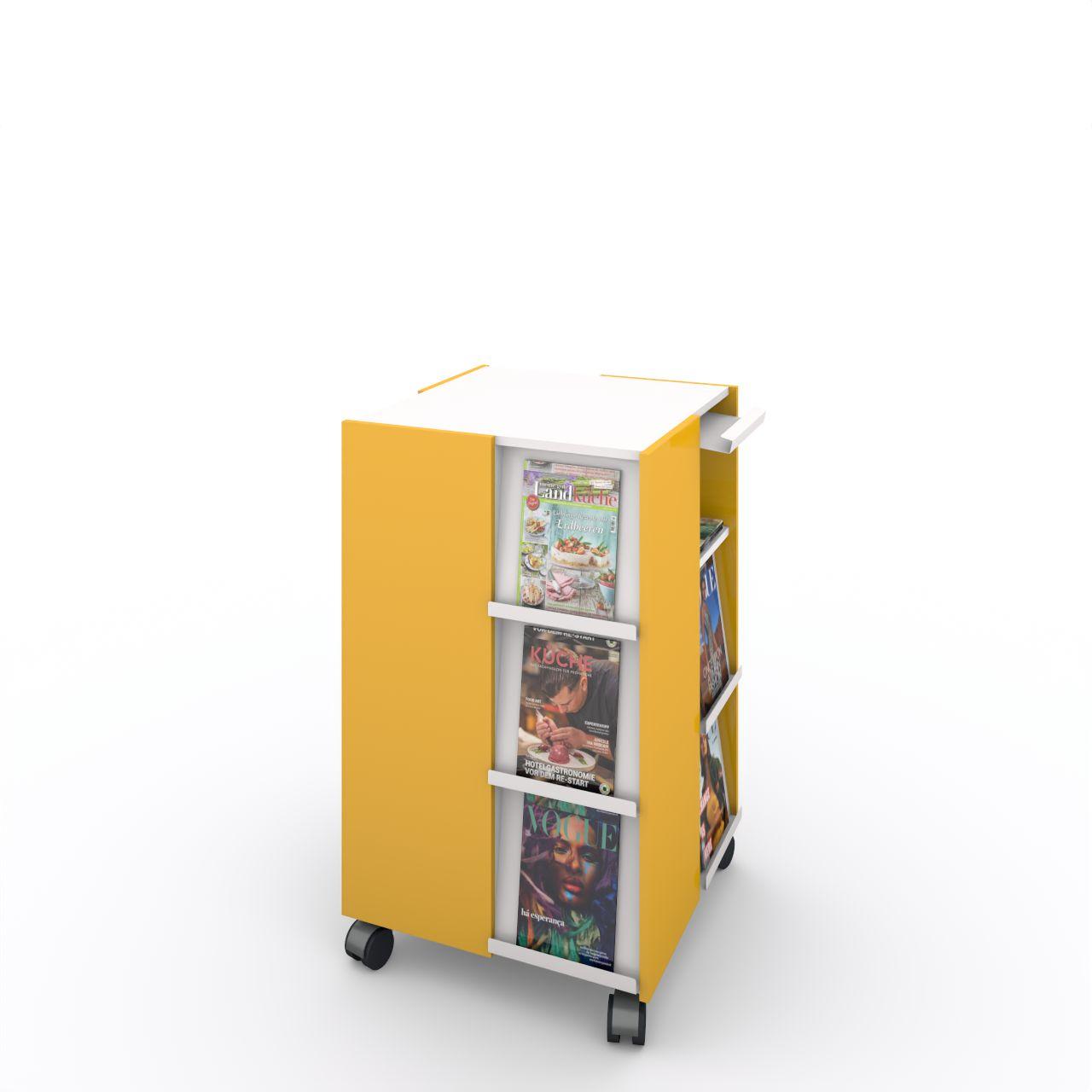 MAG-Tower Zeitschriftenturm mit Klappen MAG-Tower Zeitschriftenturm, fahrbar mit 12 Zeitschriftenklappen aus Metall, 3 Fächer übereinander Breite: 699 mm Tiefe:699 mm Höhe:1165 mm Stapelhöhe: ca.235 mm Oberflächen: Blenden: Dottergelb Korpus:Standardweiß Klappen: Standardweiß matt Lieferung