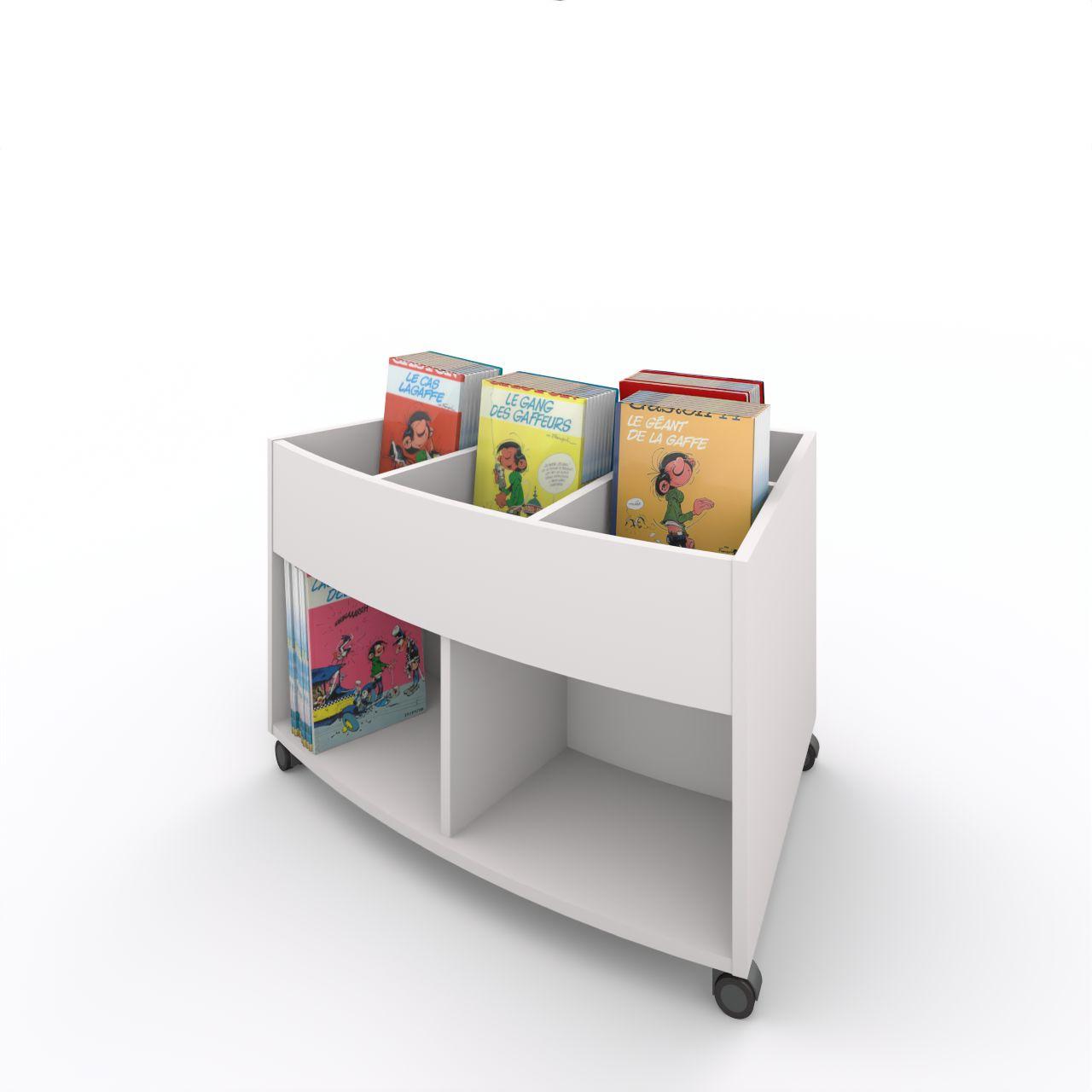 Büchertrog MARKET Radius, fahrbar, H 605 mm MARKET Radius 9 Fächer, auf Rollen seitlich 4 offene Fächer, oben 1 fester und 3 bewegliche Fachteiler für bis zu 5 Fächer, inkl. Antirutschmatten Breite: 965 mm Tiefe:670 mm Höhe: 605 mm Oberfäche: HPL / Melaminharz Korpus:Standardweiß Trennschiede u