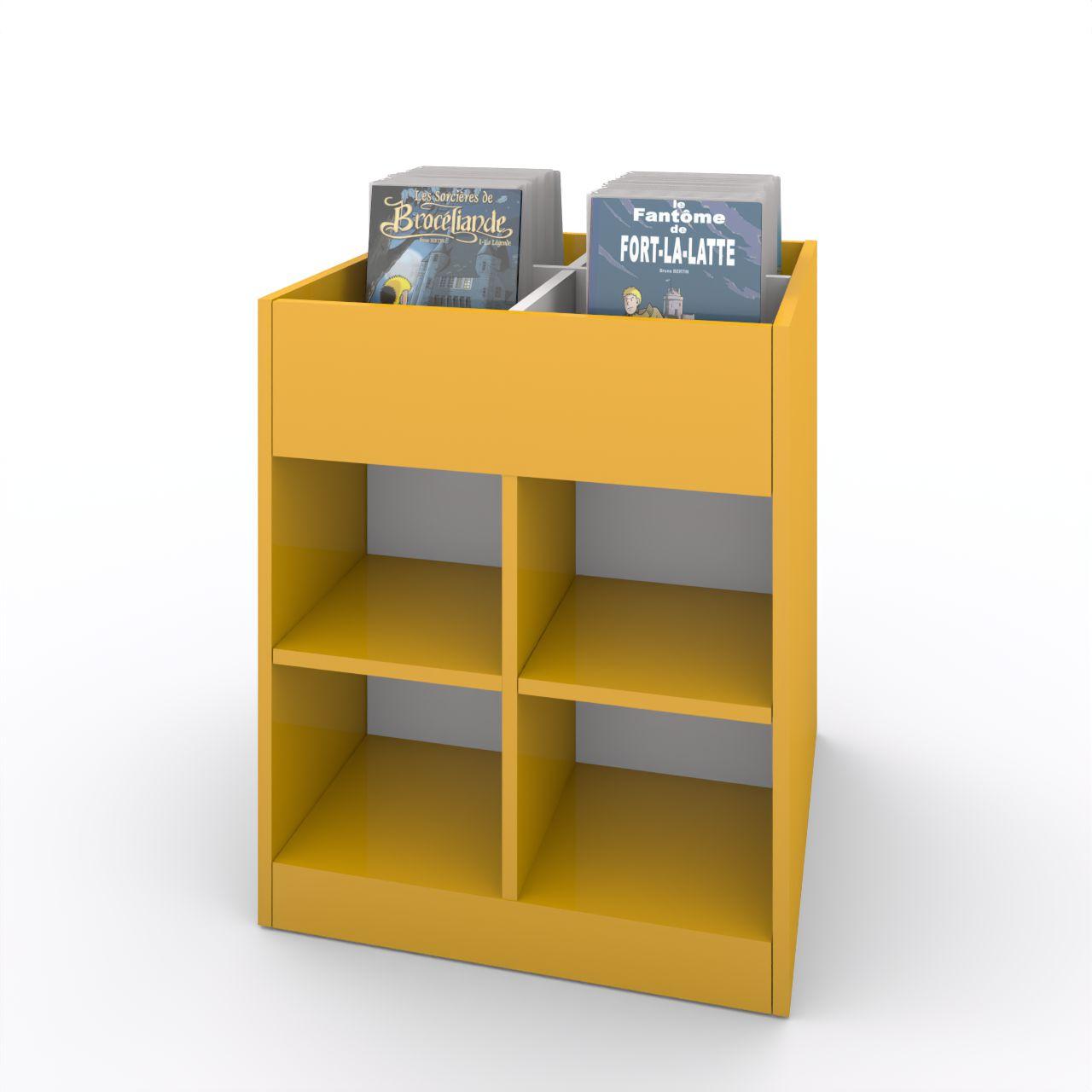 Büchertrog MARKET Quadrat, fest, H 805 mm MARKET Quadrat, 12 Fächer, auf Sockel seitlich 8 Fächern mit höhenverstellbaren Fachboden, oben 1 fester und 2 herausnehmbaren Fachteiler, inkl. Antirutschmatten Breite: 670 mm Tiefe:670 mm Höhe: 805 mm Oberfläche: Korpus: Dottergelb Trennschiede und R