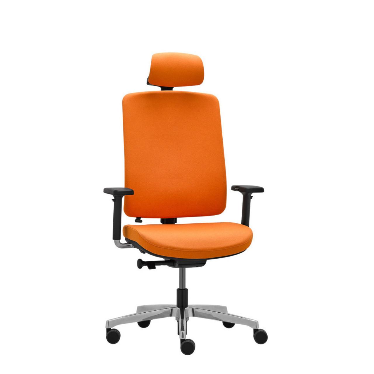 Bürostuhl Flexi mit Rückenpolster und Arml. Bürodrehstuhl auf Rollen, Flexi, mit Armlehnen und Kopfstütze. Mit Sitz- und Rückenpolster Sitzhöhe 410-530 mm, Fußkreuz silber Breite:680 mm Tiefe: 680 mm Höhe: 1020-1200 Sitzpolster: Rim Fame 4150, orange Rückenpolster: Rim Fame 4150, orange