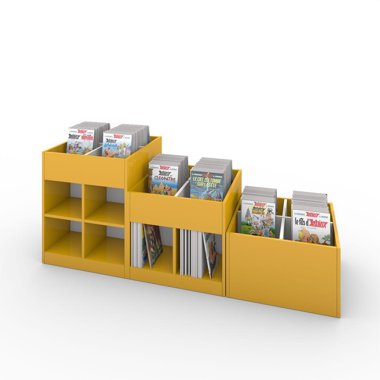 Büchertrog MARKET Quadrat, fest, H 405 mm MARKET Quadrat, 4 Fächer, auf Sockel, 1 fester und 2 herausnehmbaren Fachteiler inkl. Antirutschmatten Länge: 670 mm Tiefe: 670 mm Höhe:405 mm Oberfläche: Korpus: Dottergelb Trennschiede: Standardweiß Kapazität: 80 - 100 Comics oder Bilderbücher