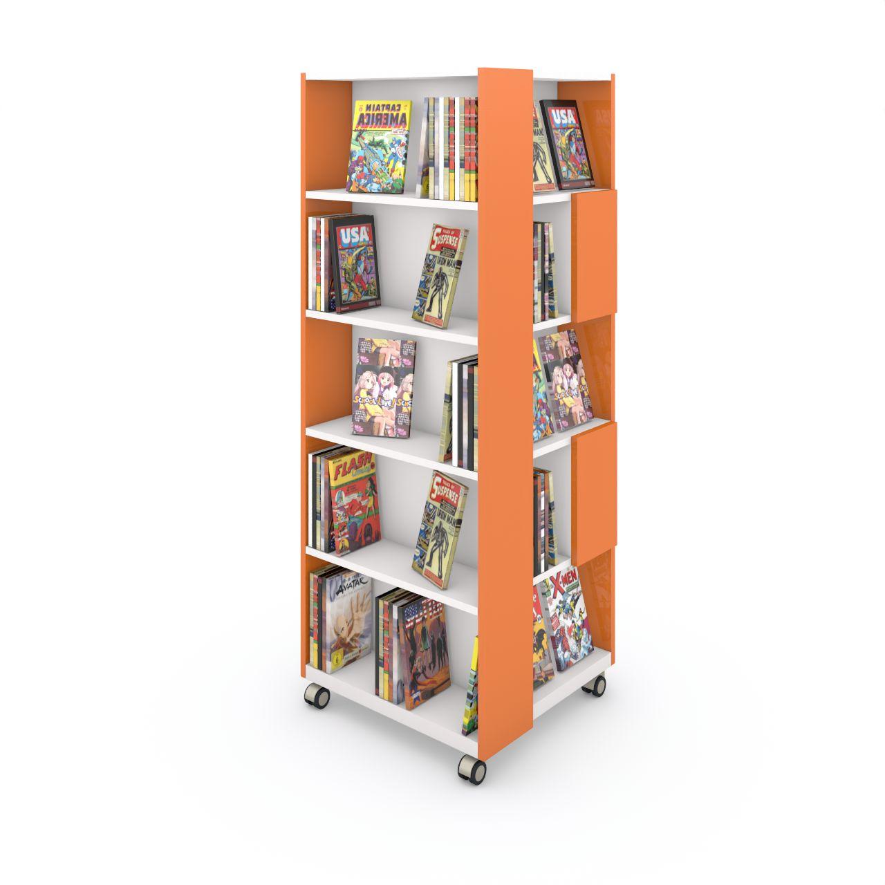 Bücherturm T-TRIS auf Rollen mit 4 Stellflächen 1,59 Lfm pro Etage  Etagenanzahl: 5  Breite: 616 mm Tiefe:635 mm Höhe:1778 mm  Fächerinnenmaße: B597/398/199-T180-H310mm  Oberfläche: Seiten:Orange Fachböden: Standardweiß Mittelwände: Standardweiß