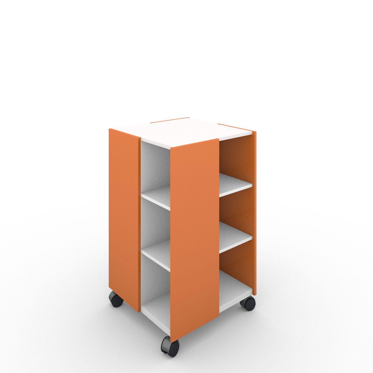 MAG-Tower Bücherturm auf Rollen MAG-Tower Bücherturm auf Rollen vorbereitet für Zeitschriftenklappen 3 Fächer übereinander (ohne Zeitschriftenklappen) Breite: 699 mm Tiefe:699 mm Höhe:1165 mm Stapelhöhe: ca.235 mm Oberflächen: Blenden: Orange Korpus:Standardweiß Lieferung: komplett