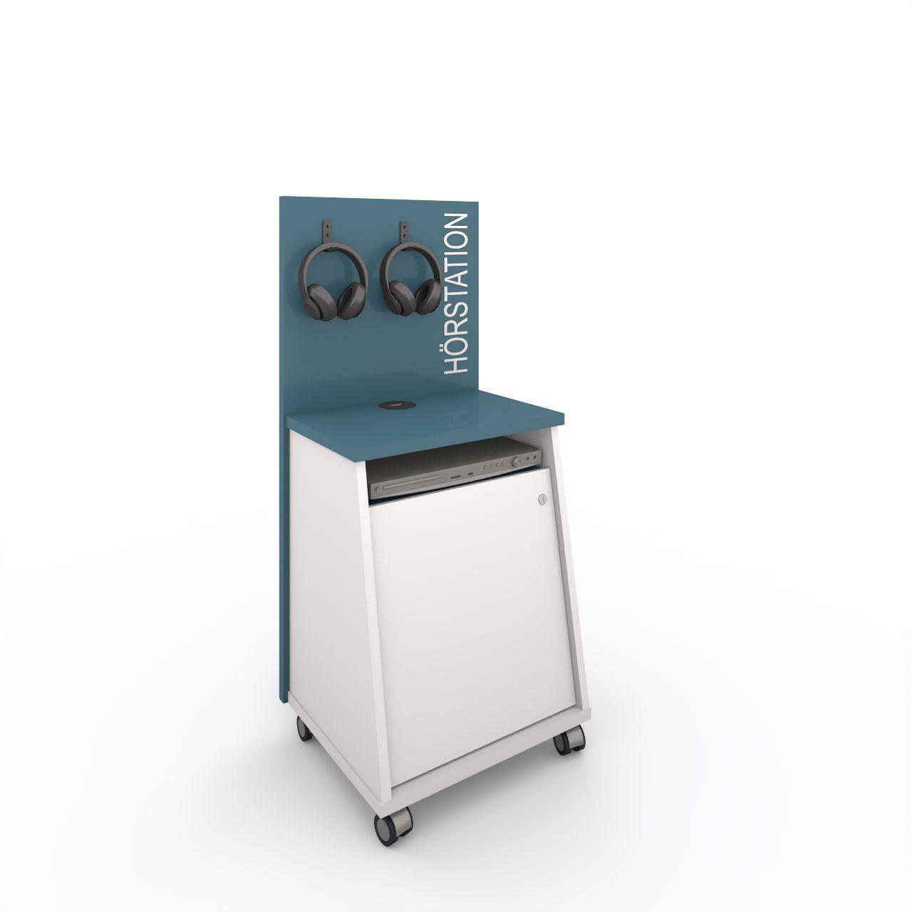 ZIKKY Hörstation mobile mit abschließbarem Fach,  !!ohne Elektrogeräte!! bitte extra bestellen  Breite: 524 mm Tiefe:450 mm Höhe:1200 mm  Korpus: Standardweiß Rückwand und Platte: Atlantikblau