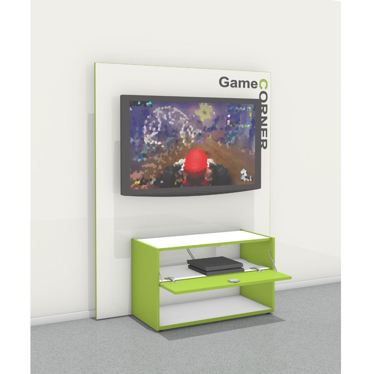 Game Corner, Wandausführung mit Sichtrückwand Game Corner, Wandausführung mit aufgedoppelter Sichtrückwand, incl. Bildschirmhalterung (ohne Elektrogeräte und ohne Aufkleber) Breite:1502 mm Tiefe:551 mm Höhe:1822 mm Oberfläche: Rückwand, Korpusdeckel-/ und Korpusboden: Standardweiß Korpus, Klappe