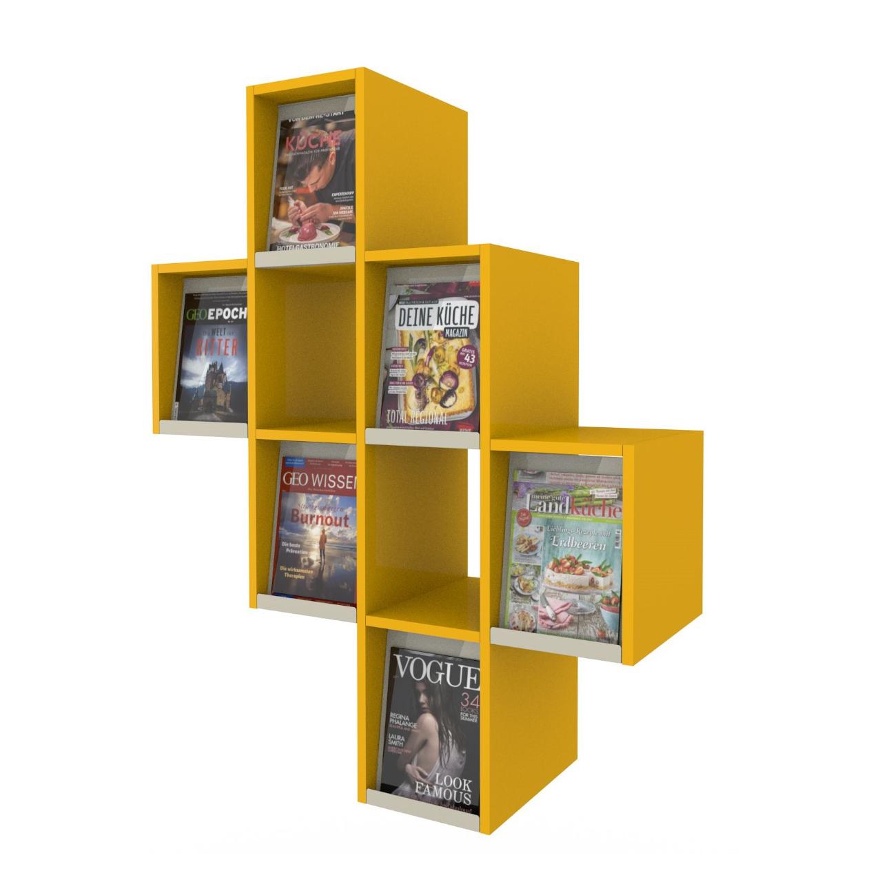 MAG CUBE Zeitschriftenschrank wandhängend MAG CUBE Zeitschriftenschrank, wandhängend, Diagonal mit insgesamt 8 Fächer. - 6 Fächer mit Metallklappe - 2 offenen Fächer Breite:1059 mm Tiefe:430 mm Höhe:1306 mm Stapelhöhe: ca.235 mm Oberflächen Korpus: Dottergelb Klappe: Standardweiß matt Lieferu