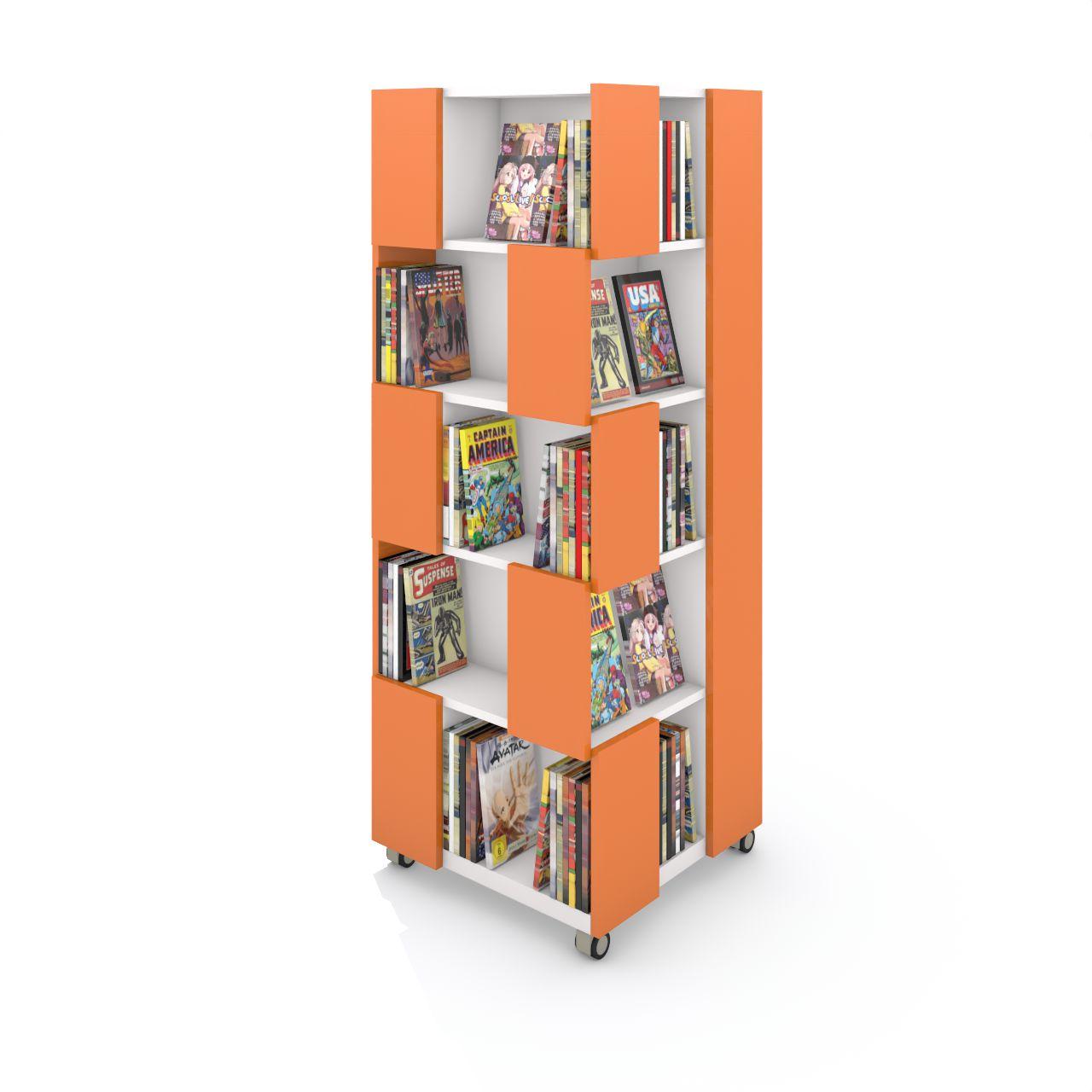 Bücherturm T-TRIS auf Rollen mit 4 Stellflächen 1,59 Lfm pro Etage  Etagenanzahl: 5  Breite: 616 mm Tiefe:635 mm Höhe:1778 mm  Fächerinnenmaße: B597/398/199-T180-H310mm  Oberfläche: Seiten:Orange Fachböden: Standardweiß Mittelwände: Standardweiß