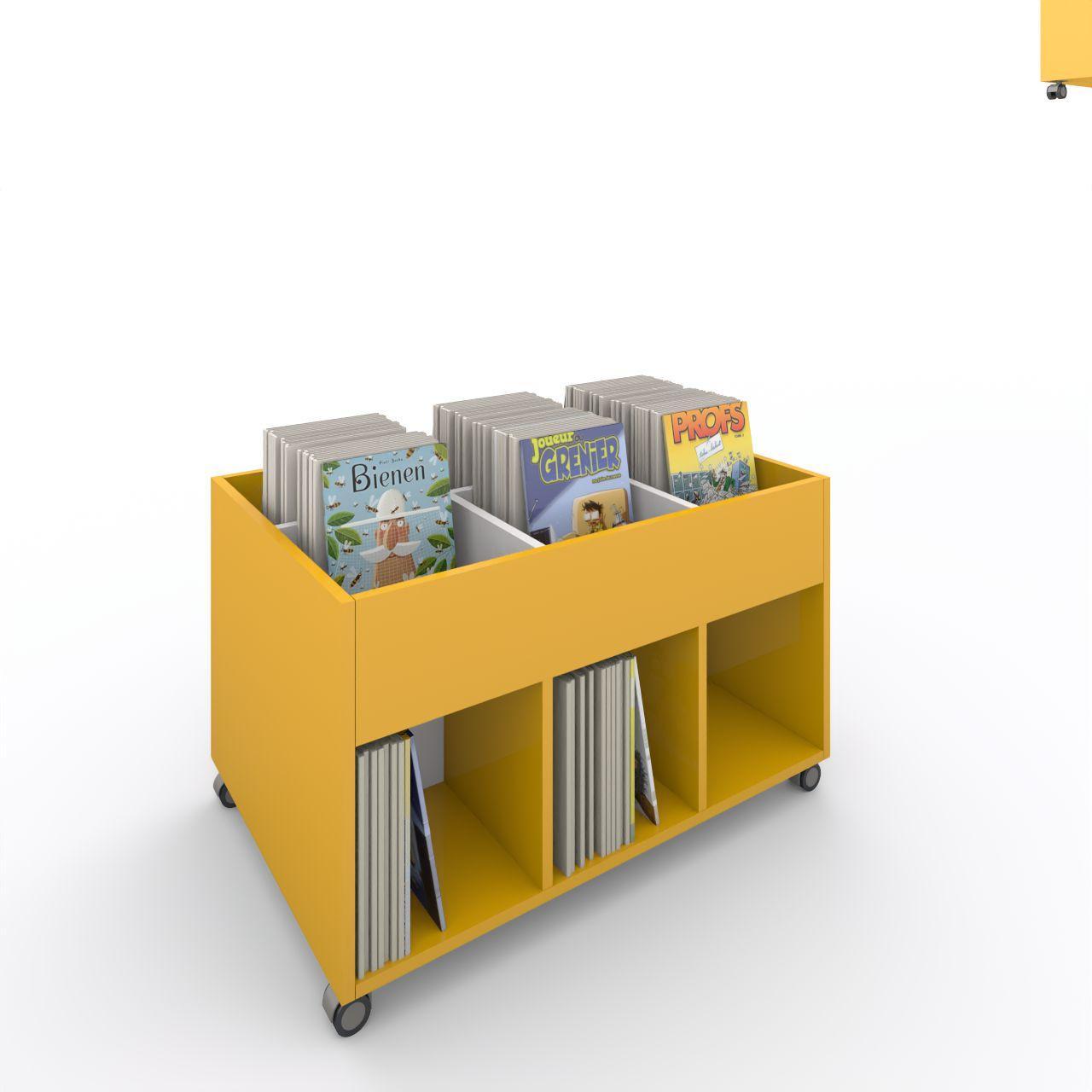 Büchertrog MARKET Rechteck, fahrbar, H 605 mm MARKET Rechteck, 12 Fächern, auf Rollen seitlich 6 Fächer, oben 1 fester und 4 herausnehmbaren Fachteiler inkl. Antirutschmatten Breite: 995 mm Tiefe:670 mm Höhe: 605 mm Oberfläche: Korpus: Dottergelb Trennschiede und Rückwände: Standardweiß Kapazitä