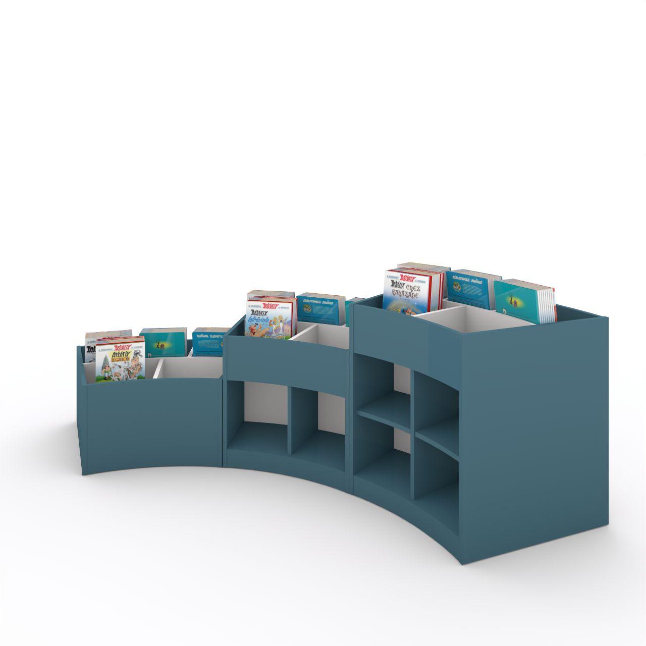 Büchertrog MARKET Radius, fest, H 405 mm Market Radius 5 Fächer mit Sockel oben 1 fester und 3 bewegliche Fachteiler für variable Facheinteilung inkl. Antirutschmatten Breite: 965 mm Tiefe:670 mm Höhe: 405 mm Oberfäche: HPL / Melaminharz Korpus: Atlantikblau Trennschiede: Standardweiß Kapaz