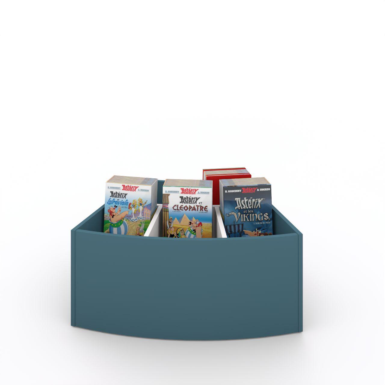 Büchertrog MARKET Radius, fest, H 405 mm Market Radius 5 Fächer mit Sockel oben 1 fester und 3 bewegliche Fachteiler für variable Facheinteilung inkl. Antirutschmatten Breite: 965 mm Tiefe:670 mm Höhe: 405 mm Oberfäche: HPL / Melaminharz Korpus: Atlantikblau Trennschiede: Standardweiß Kapaz