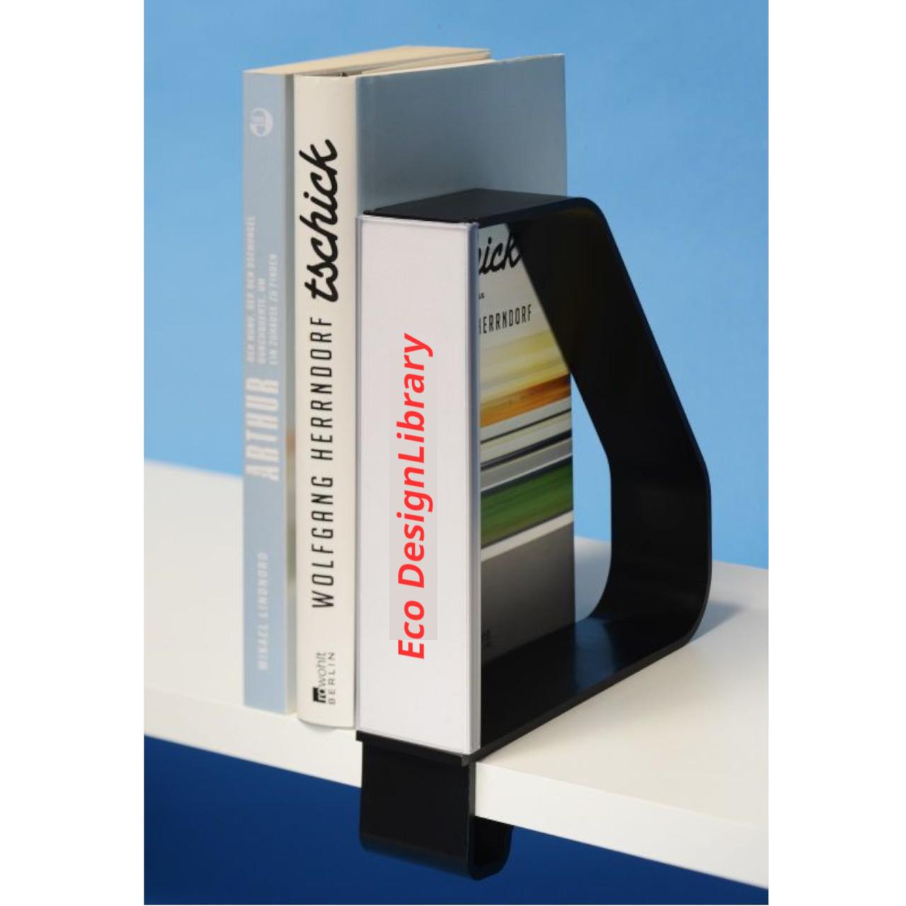 Klemmbuchstütze schwarz, für FB bis 25 mm Klemmbuchstütze, aus Kunststoff, für Fachbodendicke ca. 20-25 mm Breite:38 mm Tiefe:160 mm Höhe: 165 mm Farbe: schwarz