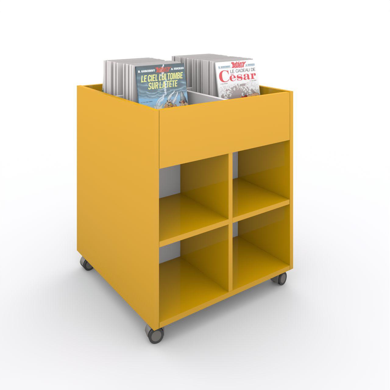 Büchertrog MARKET Quadrat, fahrbar, H 805 mm MARKET Quadrat, 12 Fächer, auf Rollen seitlich 8 Fächern mit höhenverstellbaren Fachboden, oben 1 fester und 2 herausnehmbaren Fachteiler, inkl. Antirutschmatten Breite: 670 mm Tiefe:670 mm Höhe: 805 mm Oberfläche: Korpus: Dottergelb Trennschiede und R