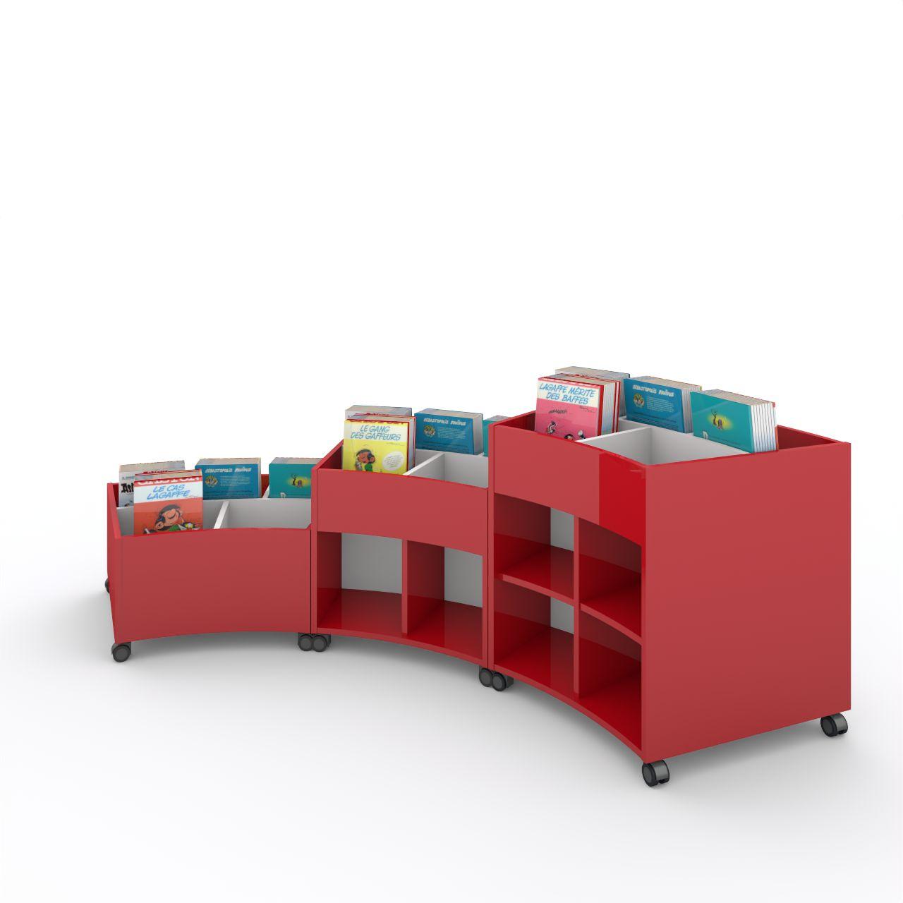 Büchertrog MARKET Radius, fahrbar, H 805 mm MARKET Radius 13 Fächer, auf Rollen seitlich 8 Fächern mit höhenverstellbaren Fachboden, oben 1 fester und 3 bewegliche Fachteiler für bis zu 5 Fächer, inkl. Antirutschmatten Breite: 965 mm Tiefe:670 mm Höhe: 805 mm Oberfäche: HPL / Melaminharz Korpus