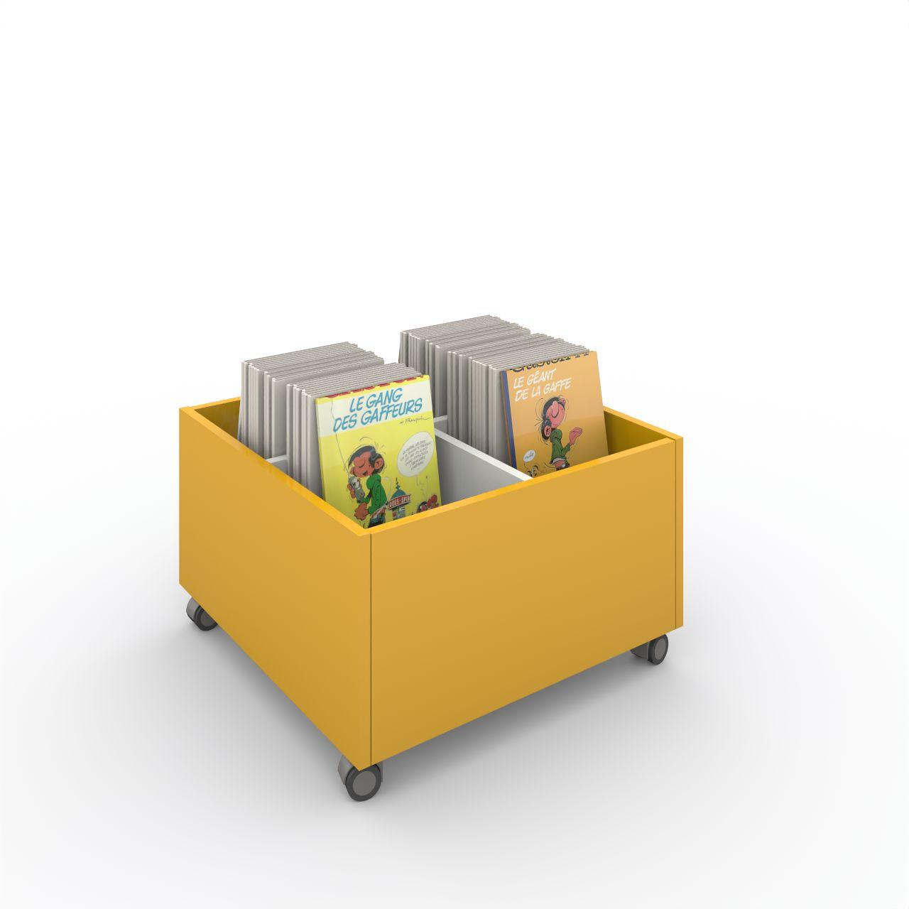 Büchertrog MARKET Quadrat, fahrbar, H 405 mm MARKET Quadrat, 4 Fächer, auf Rollen, 1 fester und 2 bewegliche Fachteiler für variable Facheinteilung, inkl. Antirutschmatten Lange: 670 mm Tiefe: 670 mm Höhe:405 mm Oberfläche: Korpus: Dottergelb Trennschiede: Standardweiß Kapazität: 80 - 100 Comics