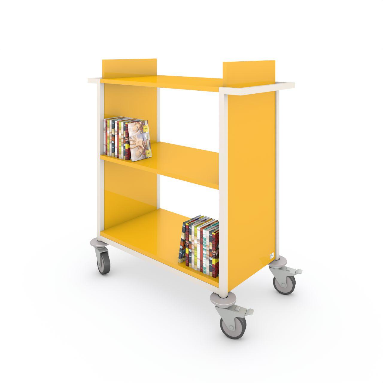 Bücherwagen ONE Bücherwagen ONE mit Abweisgummiringen mit 4 Lenkrollen Ø100 mm, 2 mit Feststeller ONE besteht aus 3 Festfachboden Fachbodenbreite:750 mm Fachbodentiefe: 430 mm Fachbodenabstand: 365 mm Aussenmaße: L 970 x T 508 x H 1075 mm Griffhöhe: 975mm Abweichgum