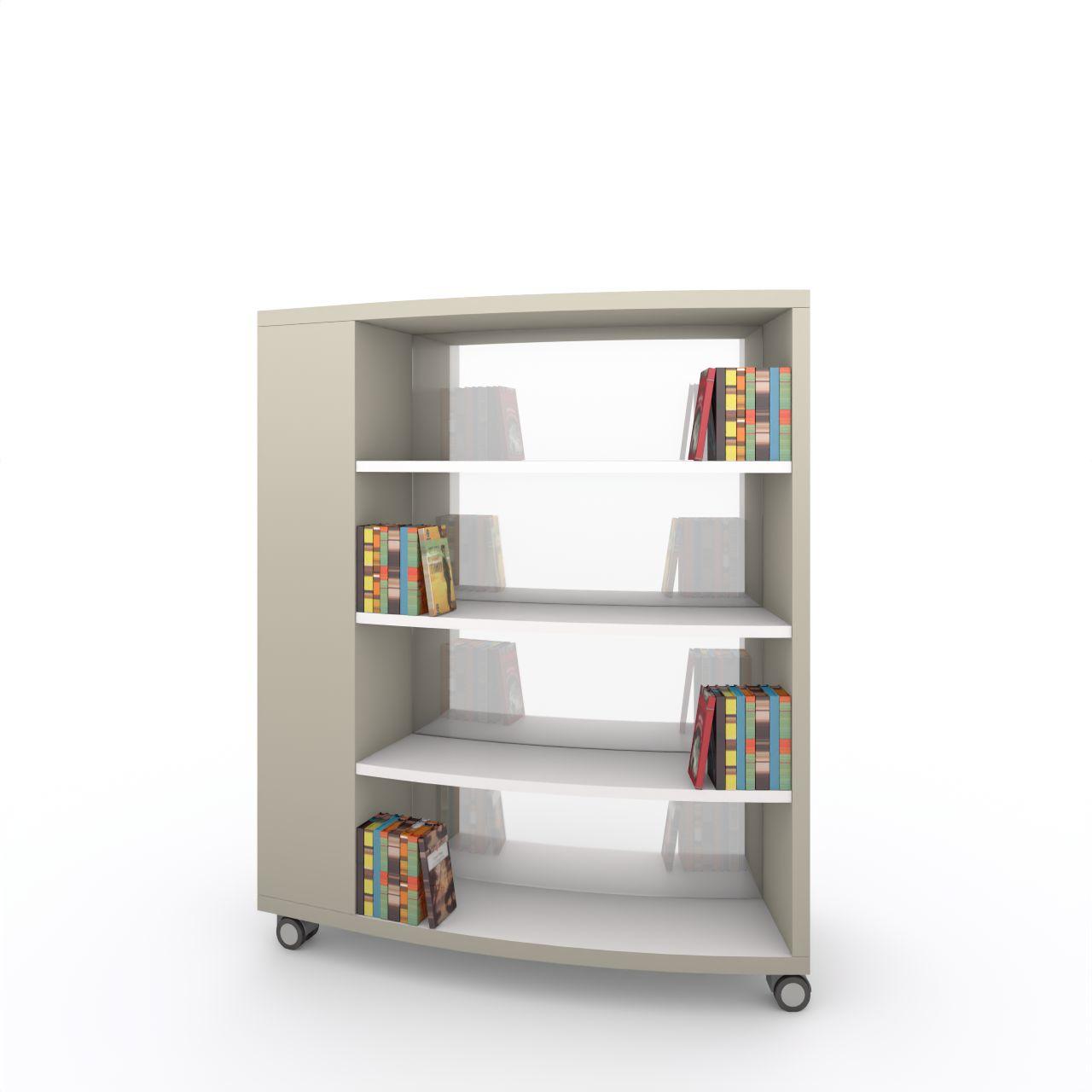 Nova RUND mobile, 1 Sektion+Stirnseitenregal Nova RUND mobile, 1 Sektion + Stirnseitenregal rechts, incl. 3 Fachböden je Seite (ohne Fachböden für Stirnseitenregal) Breite:1300 mm Tiefe:530 mm Höhe:1553 mm Oberflächen: Außenseite: Kaschmirgrau Stirnseitenregal: Kaschmirgrau Fachböden:Standardweiß