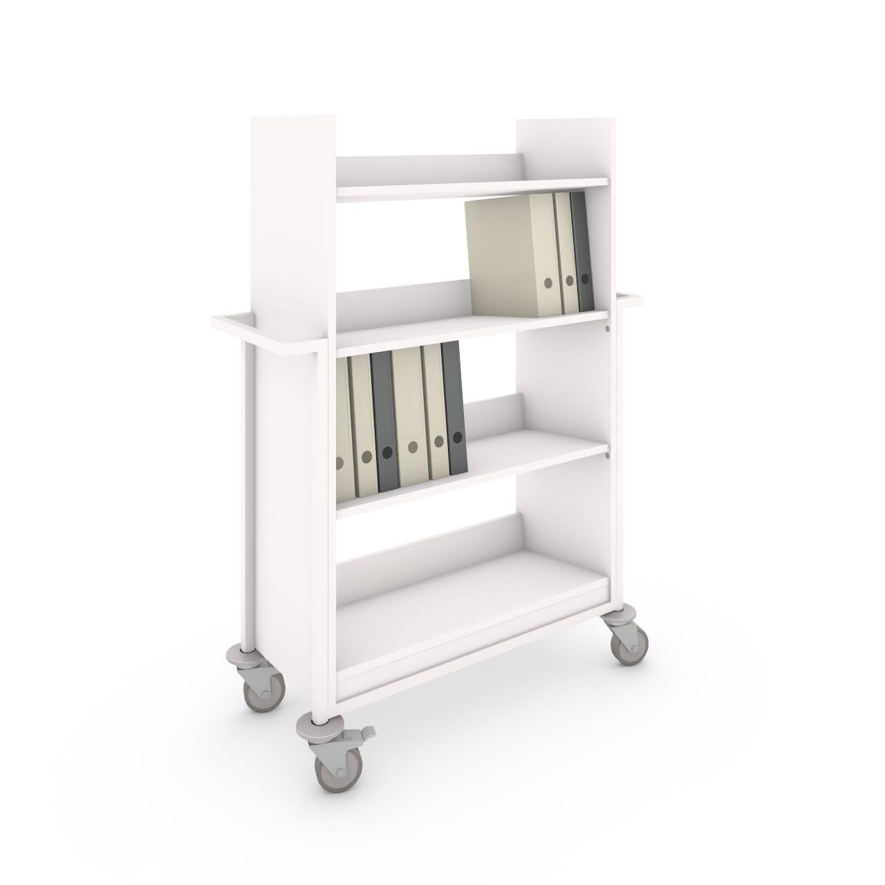 Bücherwagen TWO XL mit Abweisgummiringen mit 4 Lenkrollen Ø100 mm, 2 mit Feststeller  TWO besteht aus 4 Festschrägfachboden  Fachbodenbreite: 822 mm Fachbodentiefe:344 mm Anschlaghöhe:100 mm Fachbodenabstand:326 mm  Aussenmaße: L 1081 x T 470 x H 1455 mm